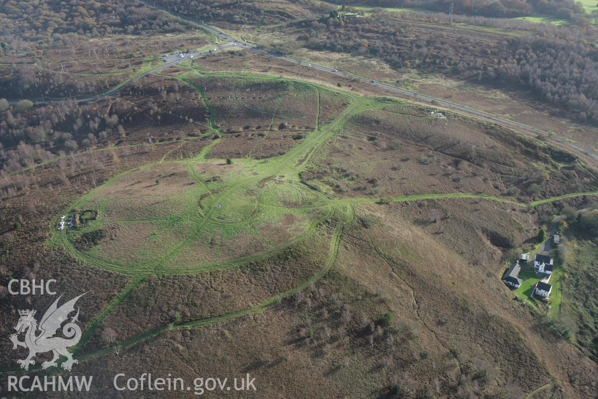 RCAHMW colour oblique photograph of Caerffili (Caerphilly) Mountain Shaft Mounds, Caerphilly Common. Taken by Toby Driver on 12/11/2008.