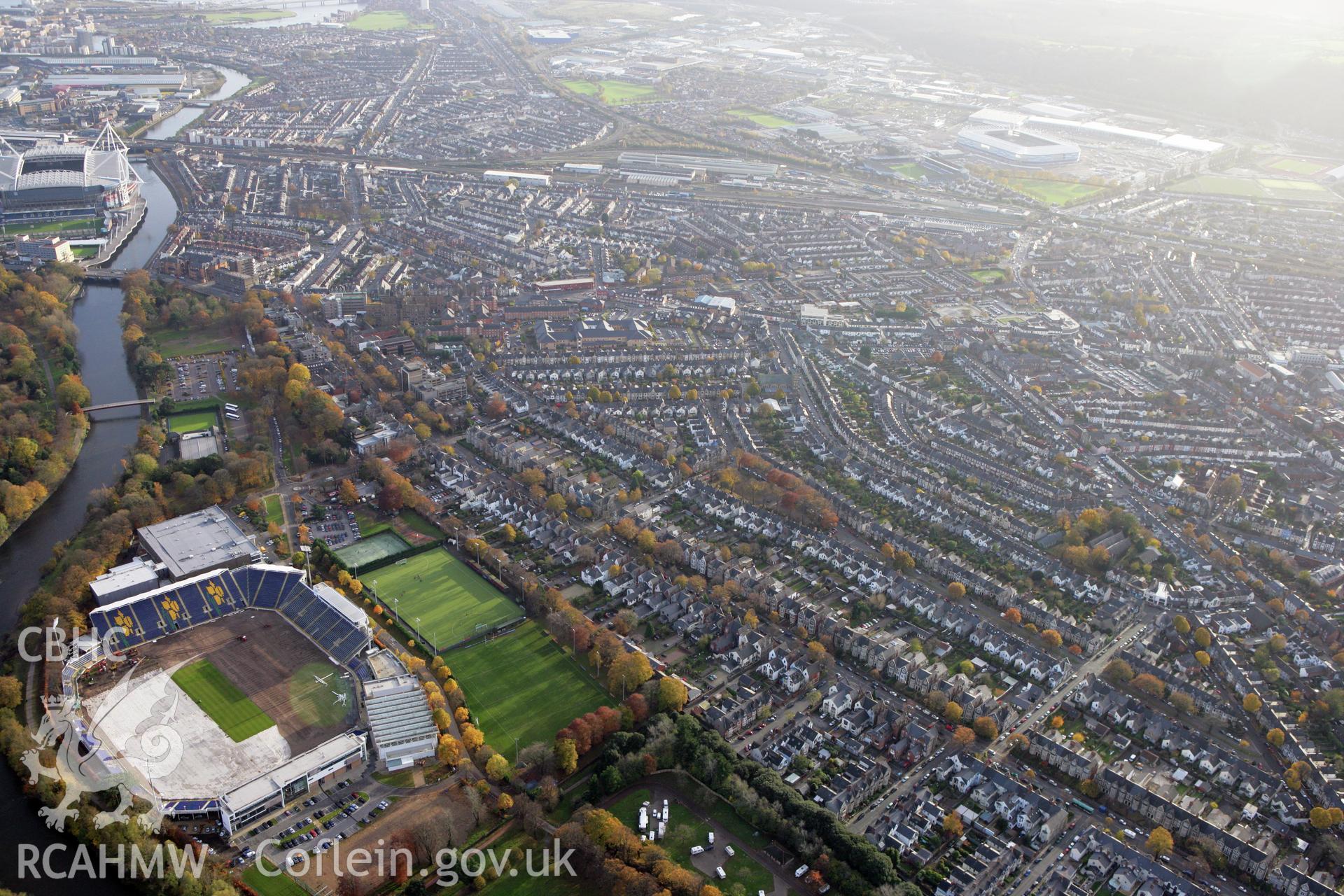 RCAHMW colour oblique photograph of Sophia Gardens Cricket Ground, looking south-west over Canton, Cardiff. Taken by Toby Driver on 12/11/2008.