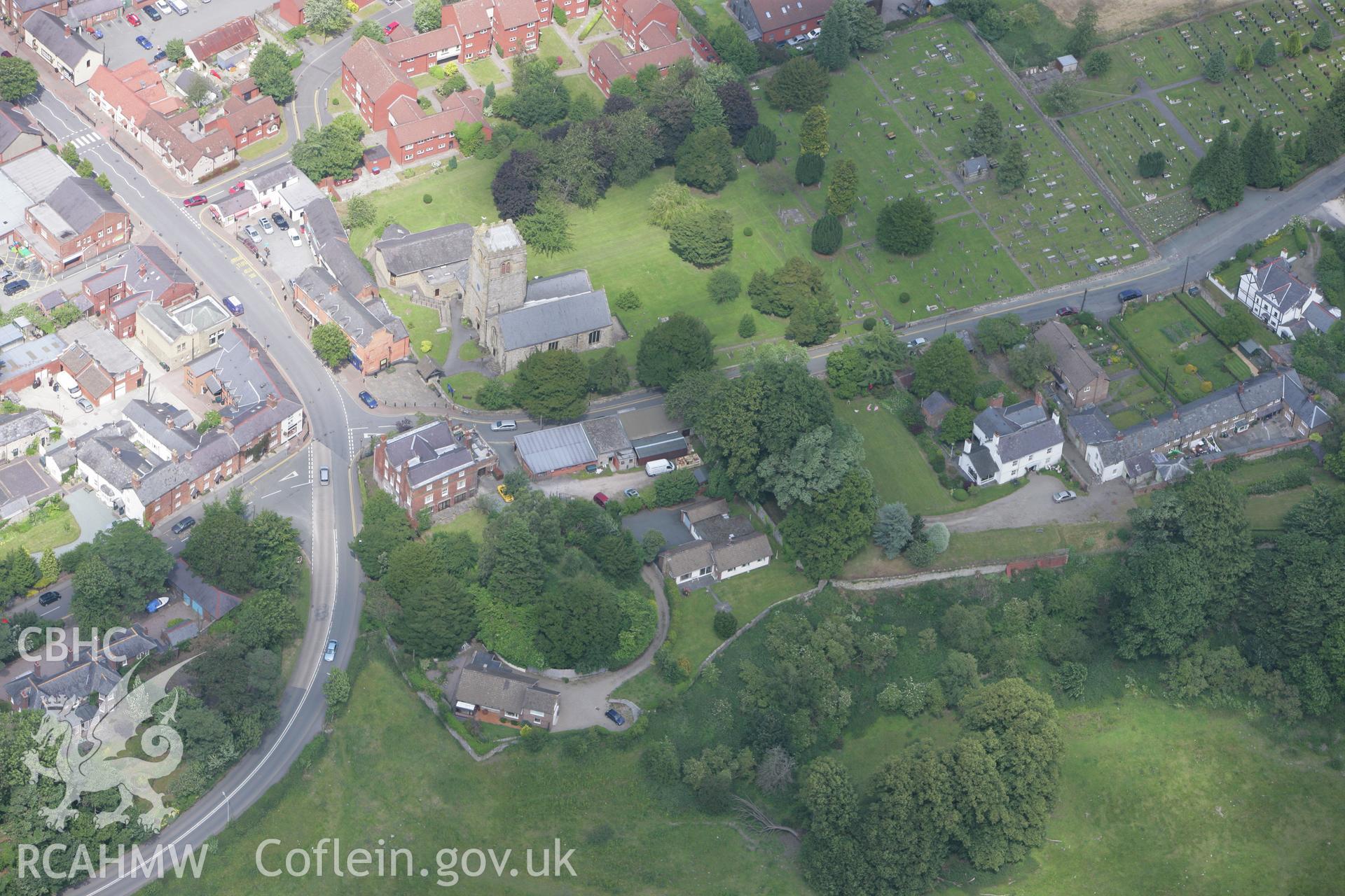 RCAHMW colour oblique photograph of St Mary's Church and Castell-y-waun Castle Mound, Chirk. Taken by Toby Driver on 01/07/2008.