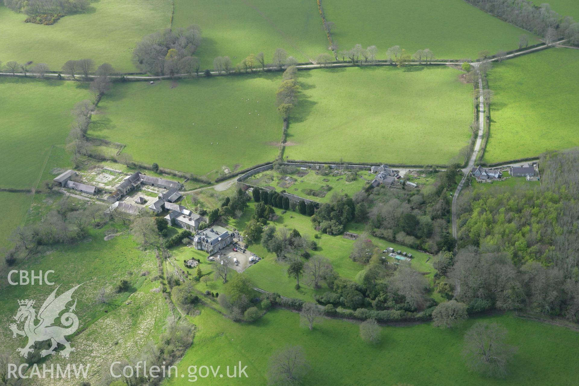 RCAHMW colour oblique photograph of Pentre Mansion and gardens, Newchapel. Taken by Toby Driver on 24/04/2008.