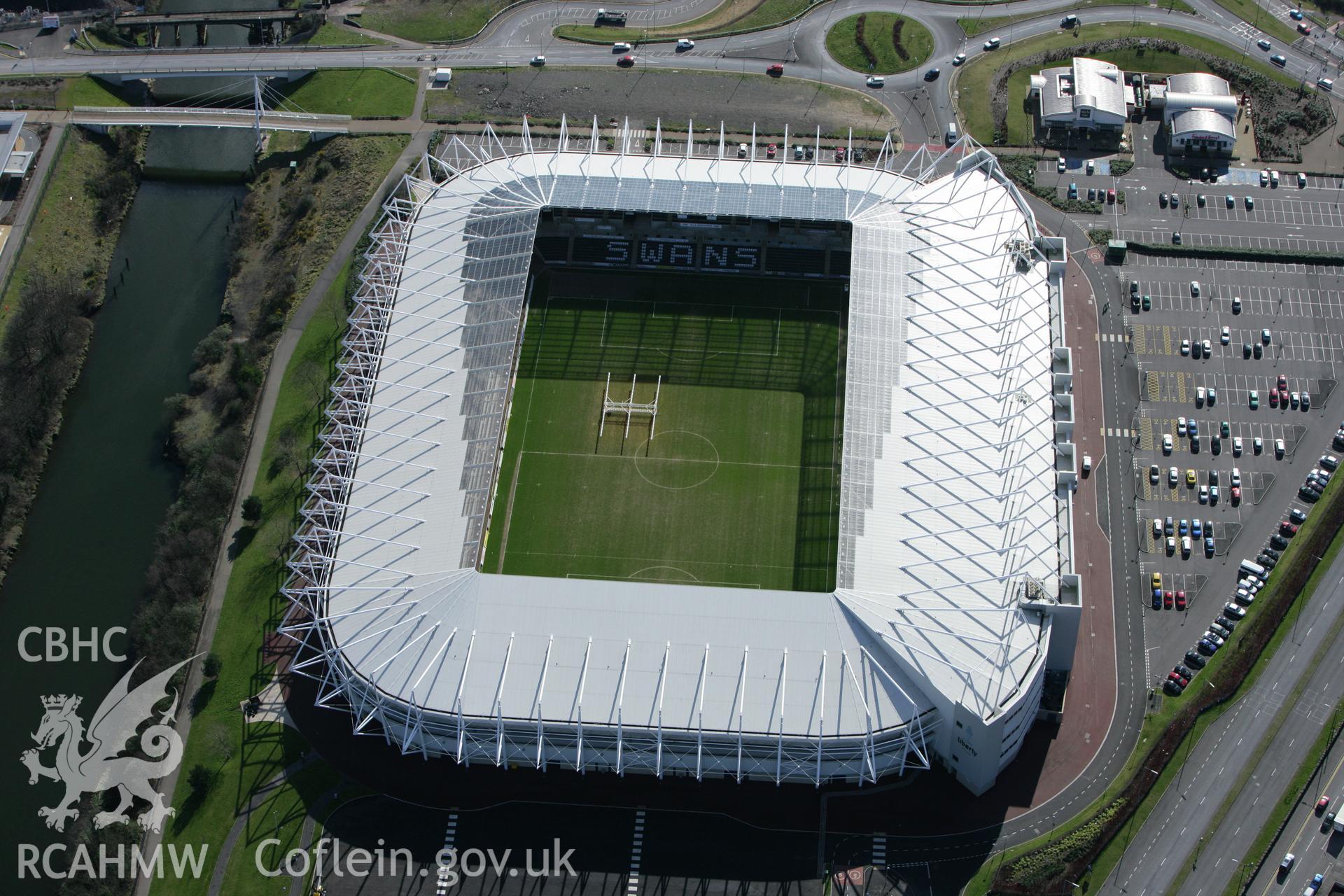 RCAHMW colour oblique aerial photograph of Morfa Stadium Sports Ground, Swansea, viewed from the north. Taken on 04 March 2008 by Toby Driver