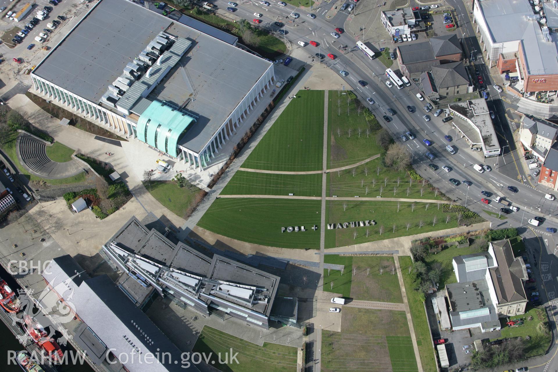 RCAHMW colour oblique photograph of National Waterfront Museum. Taken by Toby Driver on 04/03/2008.