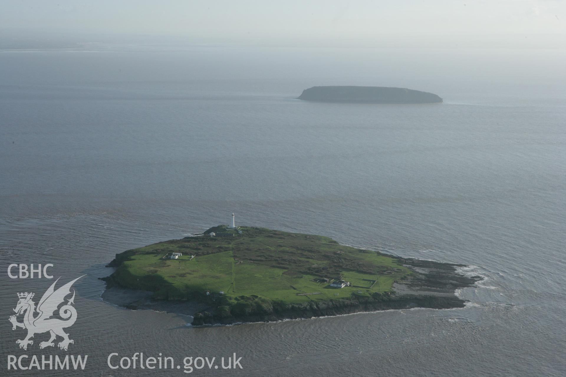 RCAHMW colour oblique photograph of Flat Holm and Steep Holm, from the north. Taken by Toby Driver on 12/11/2008.