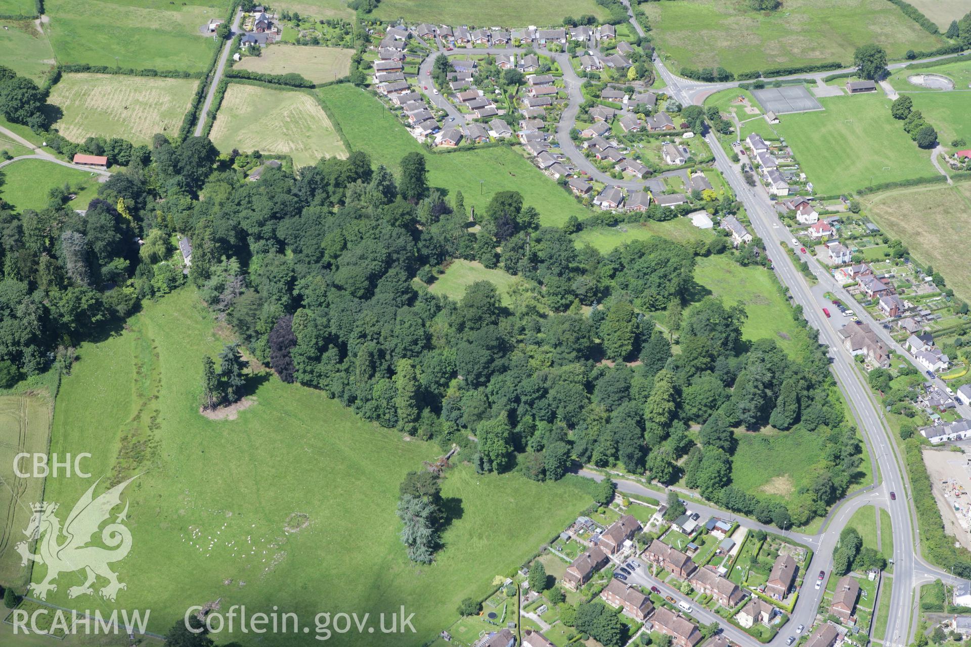 RCAHMW colour oblique photograph of Presteigne Castle (The Warden, earthwork castle). Taken by Toby Driver on 21/07/2008.