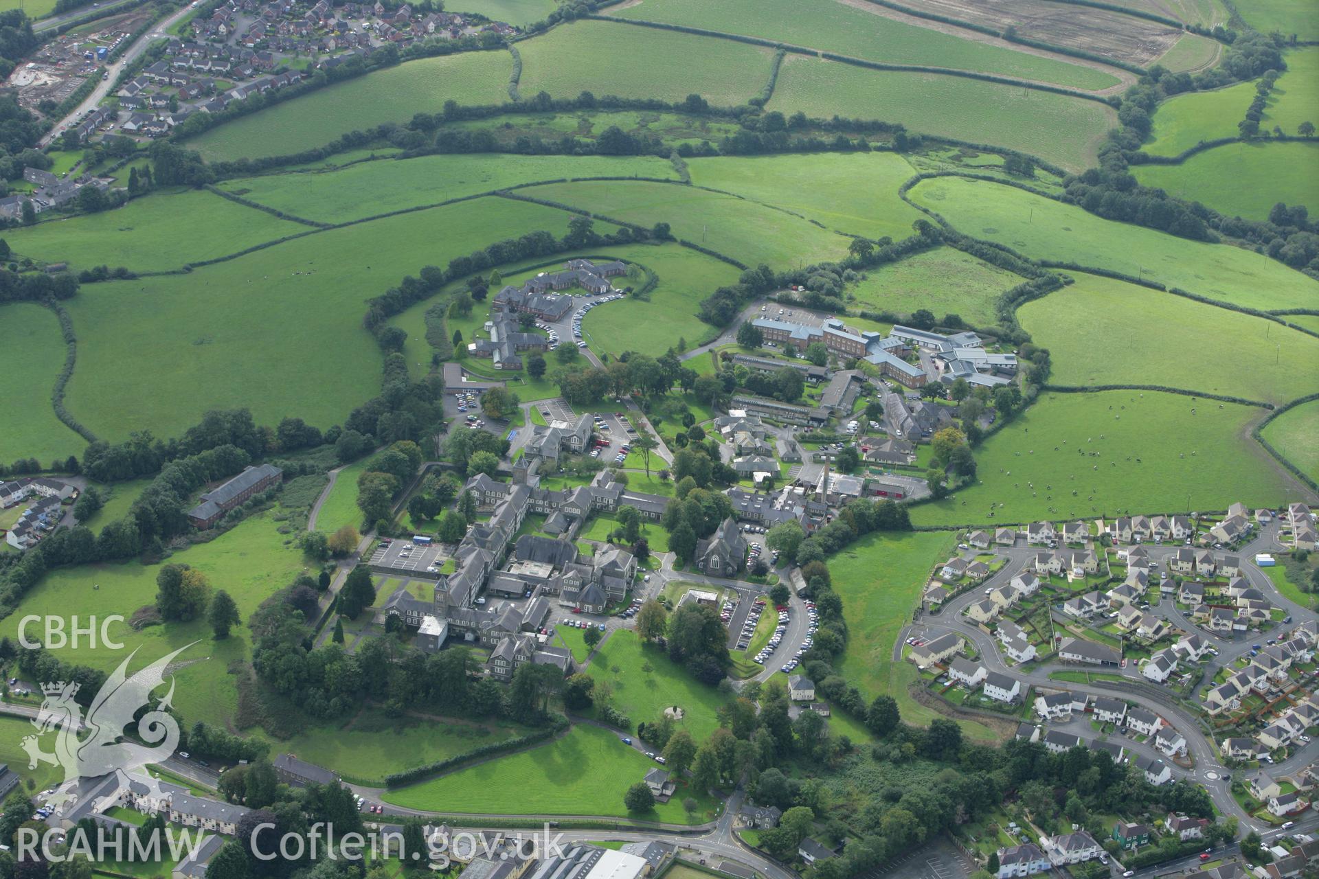 RCAHMW colour oblique photograph of St David's Hospital, Carmarthen. Taken by Toby Driver on 12/09/2008.