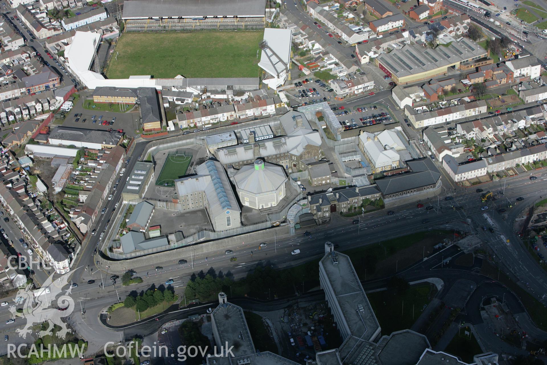 RCAHMW colour oblique photograph of Swansea Prison, Oystermouth Road, Swansea. Taken by Toby Driver on 04/03/2008.
