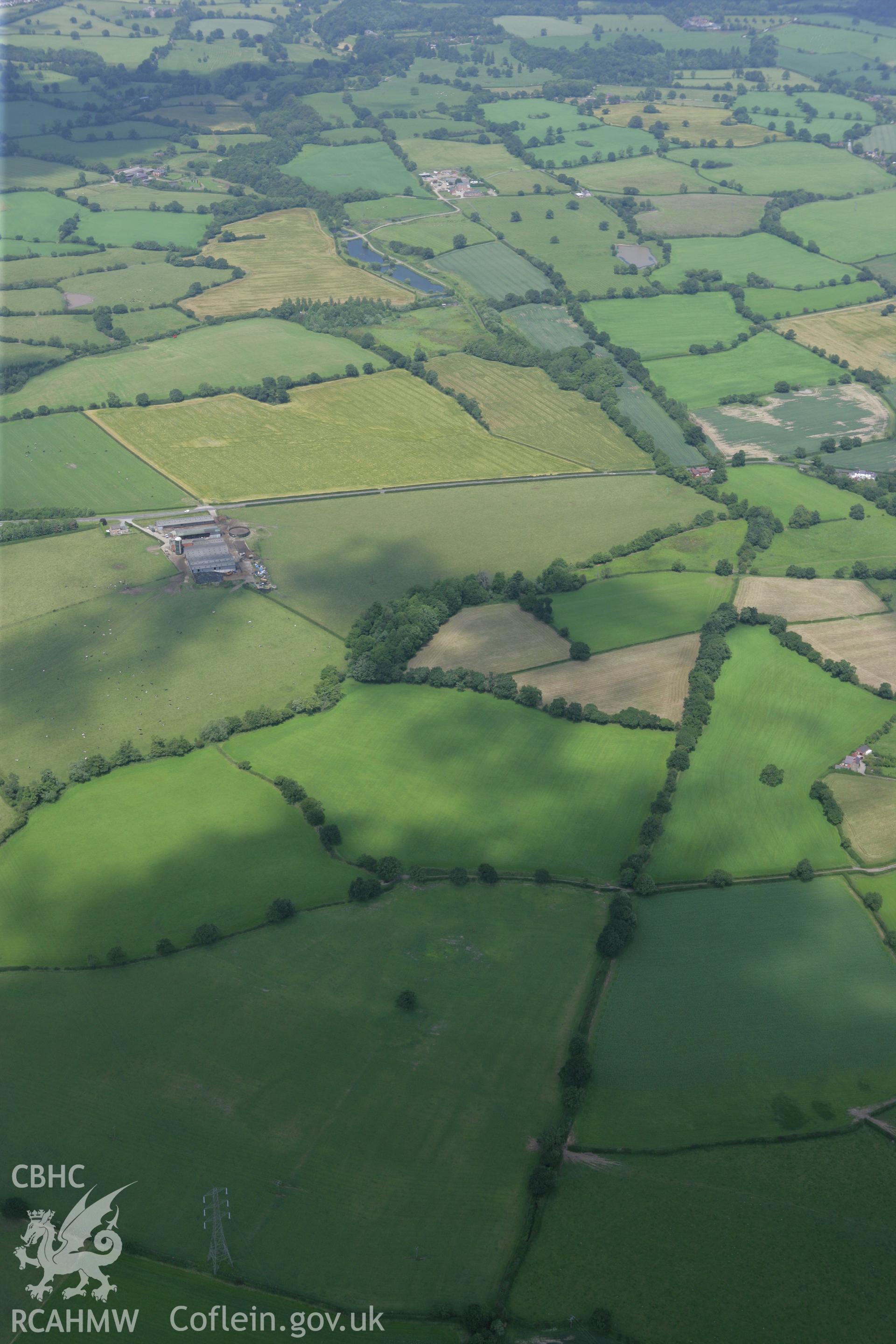 RCAHMW colour oblique photograph of Wat's Dyke, sections from Middle Sontley to Black Brook Bridge and from Black Brook Bridge to Pentre-Clawdd. Taken by Toby Driver on 01/07/2008.