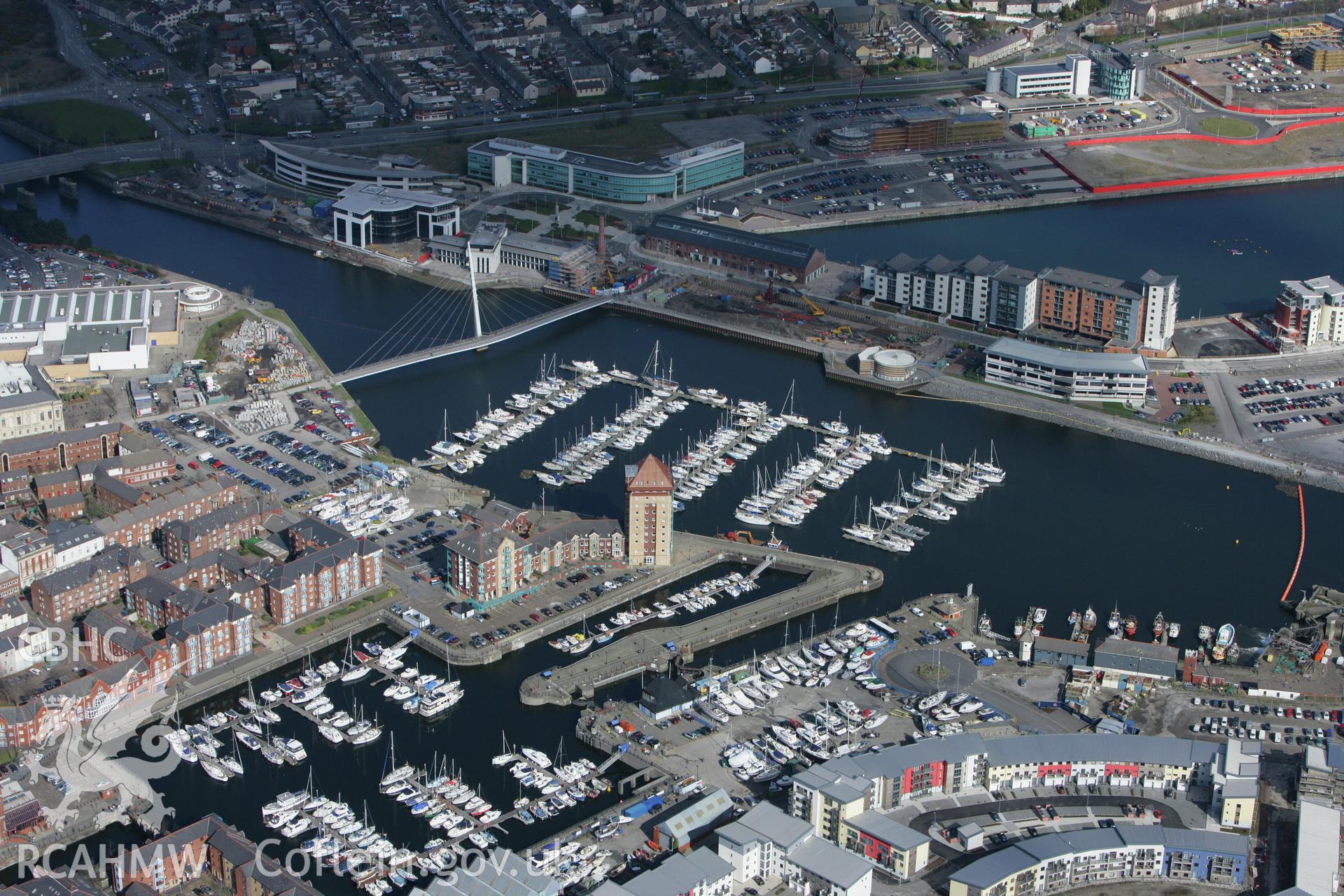 RCAHMW colour oblique photograph of Swansea Marina. Taken by Toby Driver on 04/03/2008.