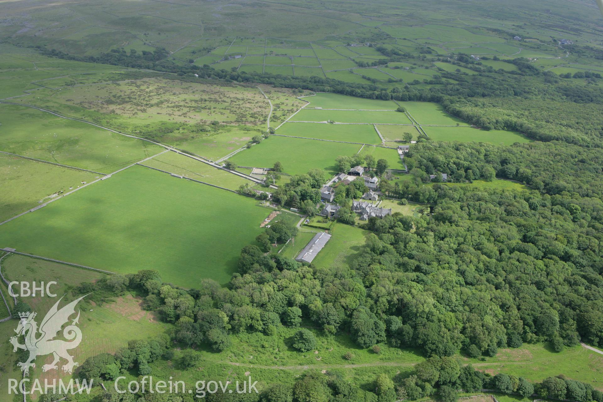 RCAHMW colour oblique photograph of landscape looking east towards Cors-y-Gedol Settlements and Field System and Burial Chamber. Taken by Toby Driver on 13/06/2008.