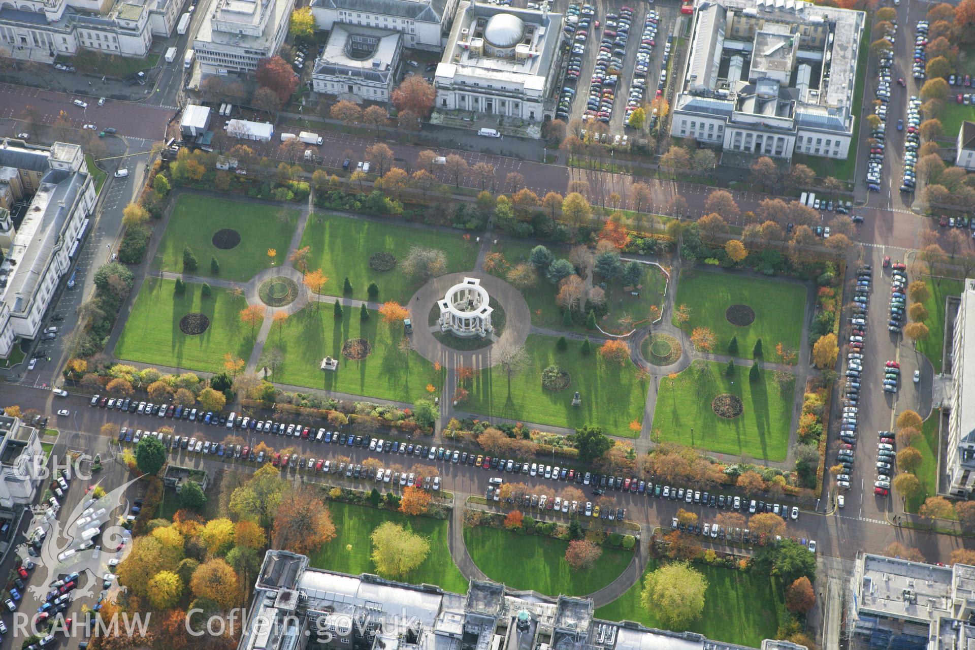 RCAHMW colour oblique photograph of National Memorial for the Great War, Cathays Park, Cardiff. Taken by Toby Driver on 12/11/2008.