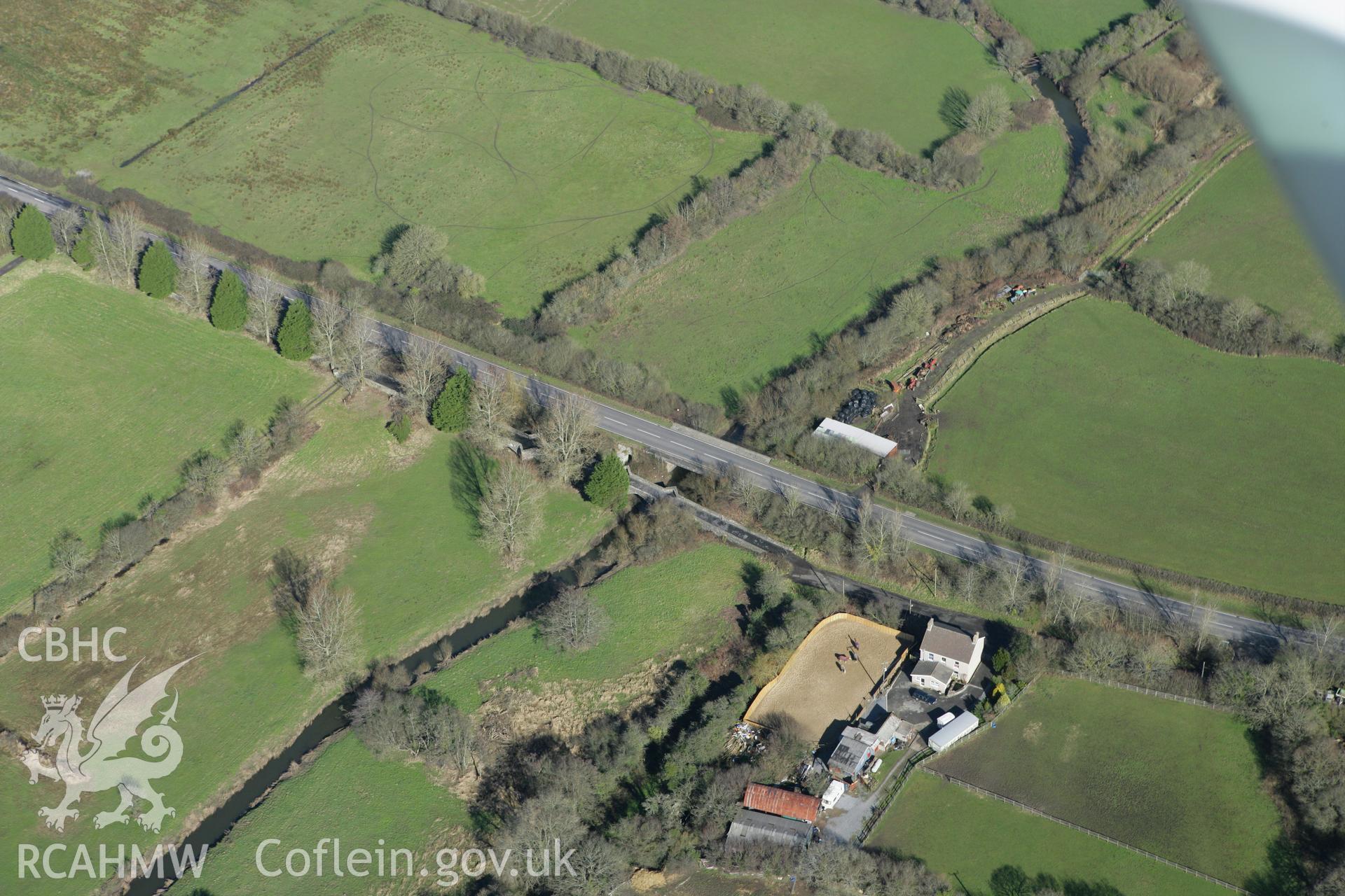 RCAHMW colour oblique photograph of Pont Spwdwr (Spudder's Bridge), Llandyry. Taken by Toby Driver on 04/03/2008.