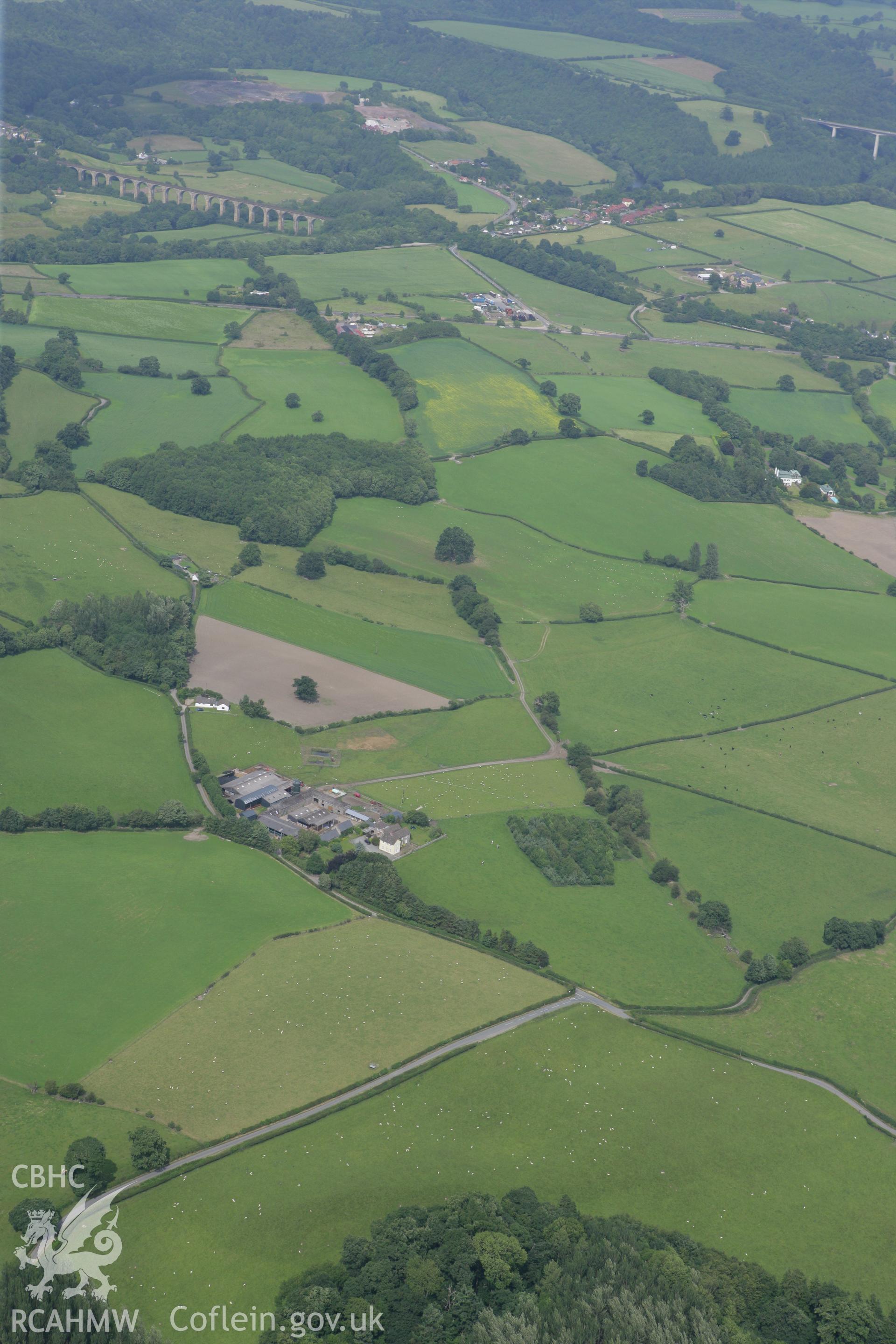 RCAHMW colour oblique photograph of Offa's Dyke sections north and south of Tan-y-cut and Plas Offa, and the Caeau-Gwynion section, with Cefn Bychan Viaduct behind. Taken by Toby Driver on 01/07/2008.