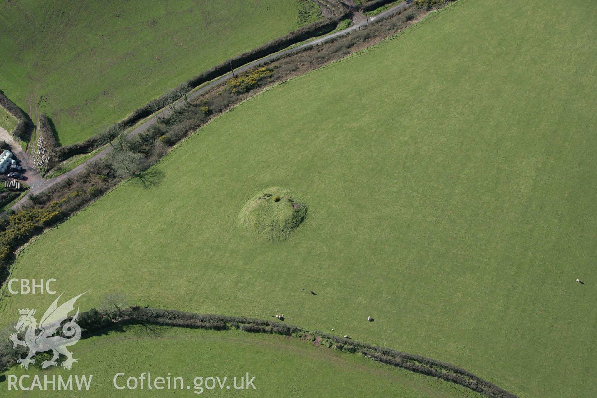 RCAHMW colour oblique photograph of Lower Castle Ely Tumulus (Parc-y-twmp). Taken by Toby Driver on 04/03/2008.