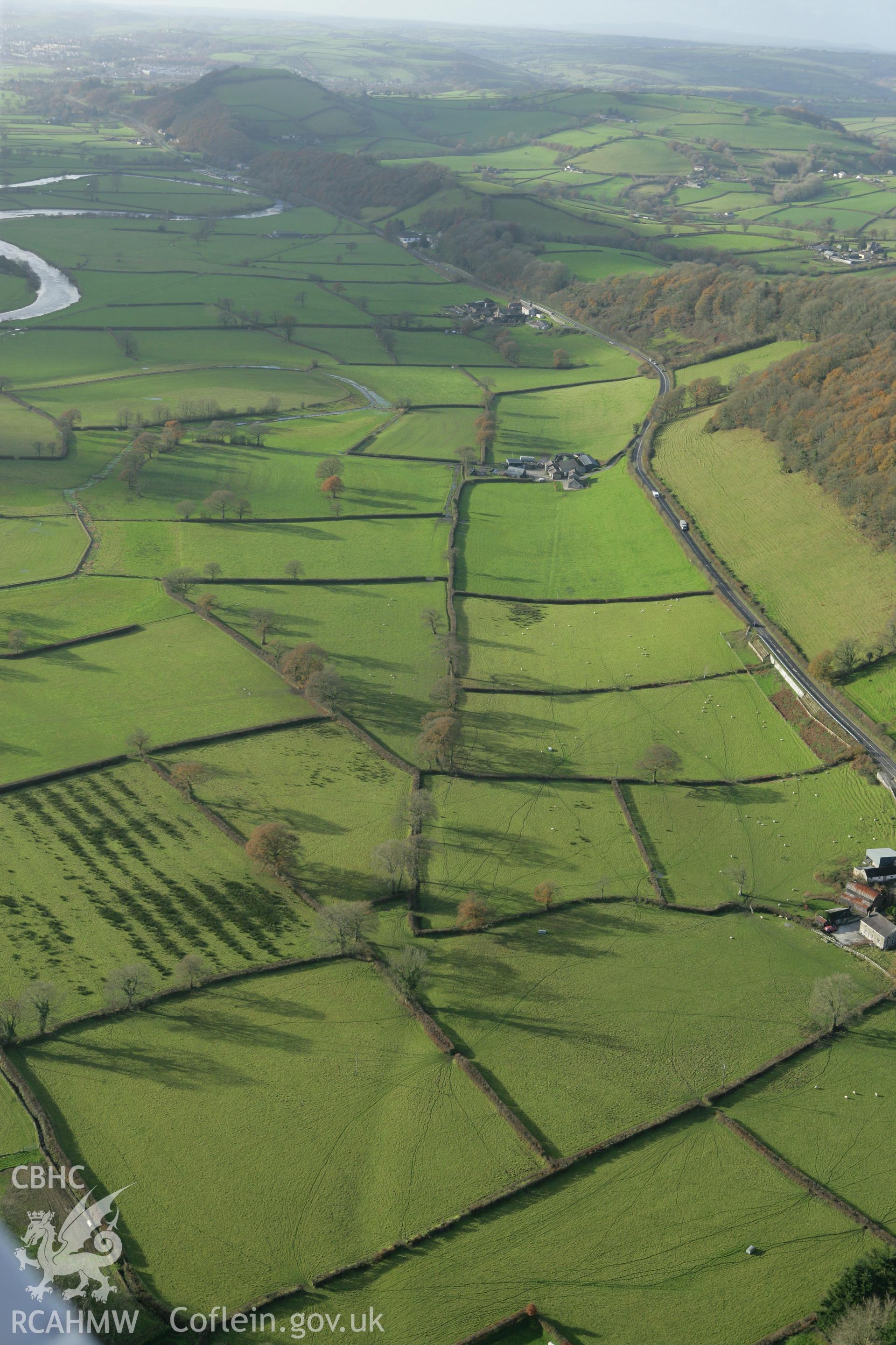 RCAHMW colour oblique photograph of Roman road west of Nantgaredig. Taken by Toby Driver on 29/11/2007.