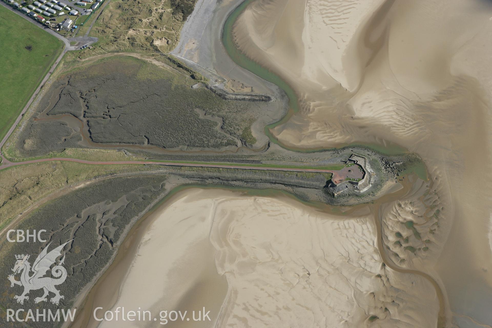 RCAHMW colour oblique photograph of Pembrey Harbour, with Coastal Artillery Searchlight and Pillbox. Taken by Toby Driver on 04/03/2008.