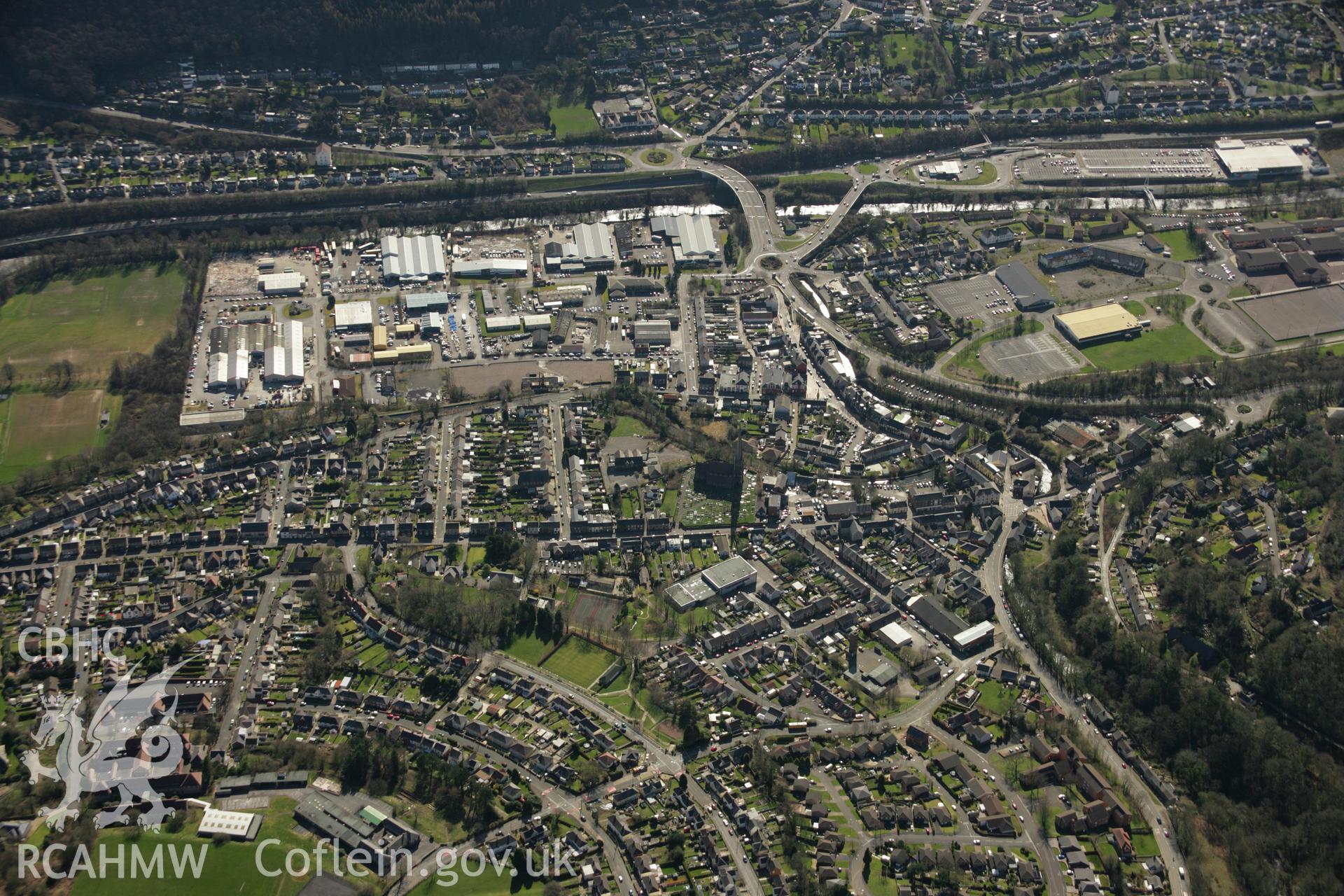 RCAHMW colour oblique aerial photograph of Pontardawe Town Curved Pound, Swansea Canal, in landscape view looking south-west. Taken on 21 March 2007 by Toby Driver