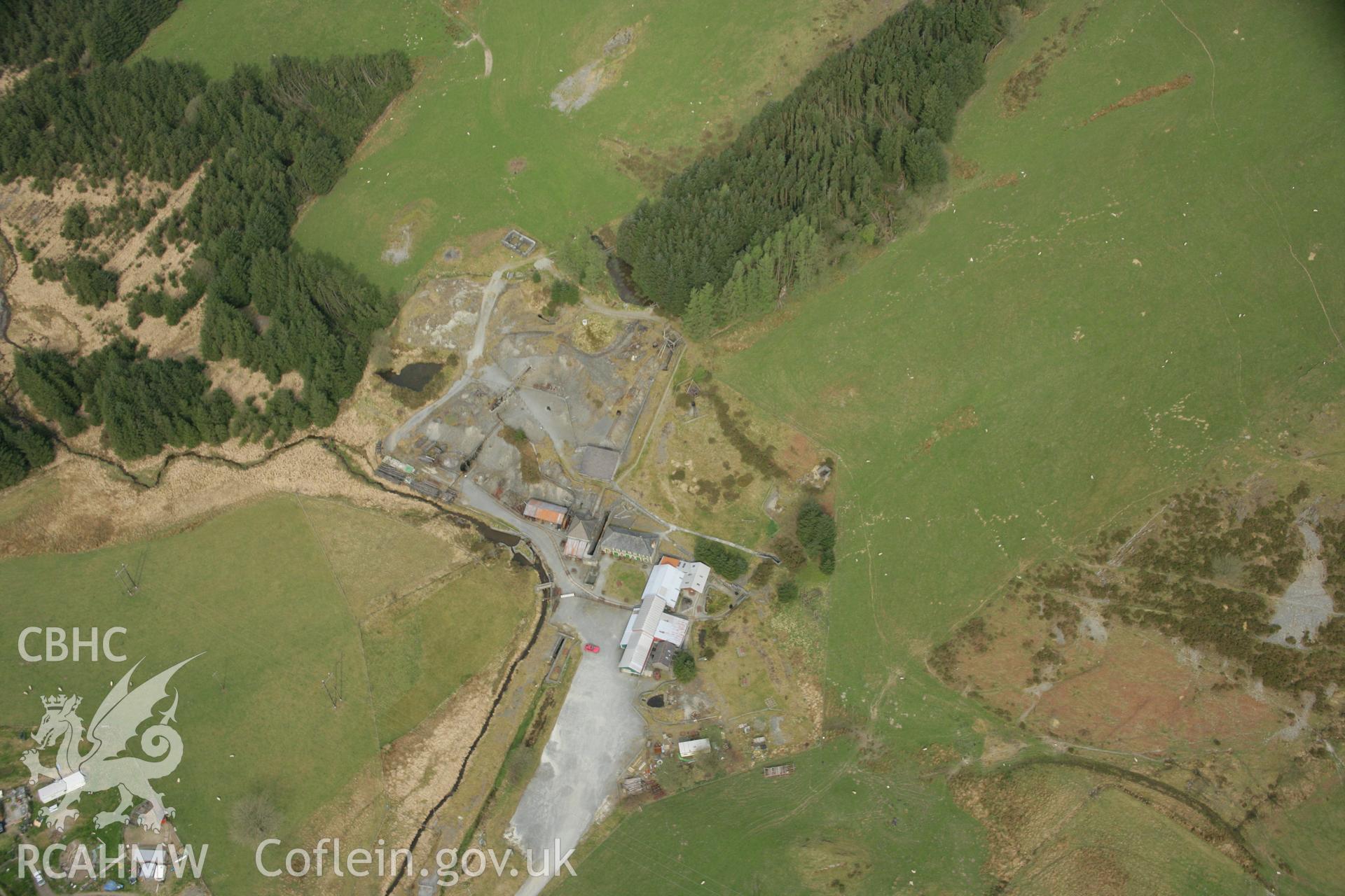 RCAHMW colour oblique aerial photograph of Powell's Llywernog Mine, Ponterwyd. Taken on 17 April 2007 by Toby Driver