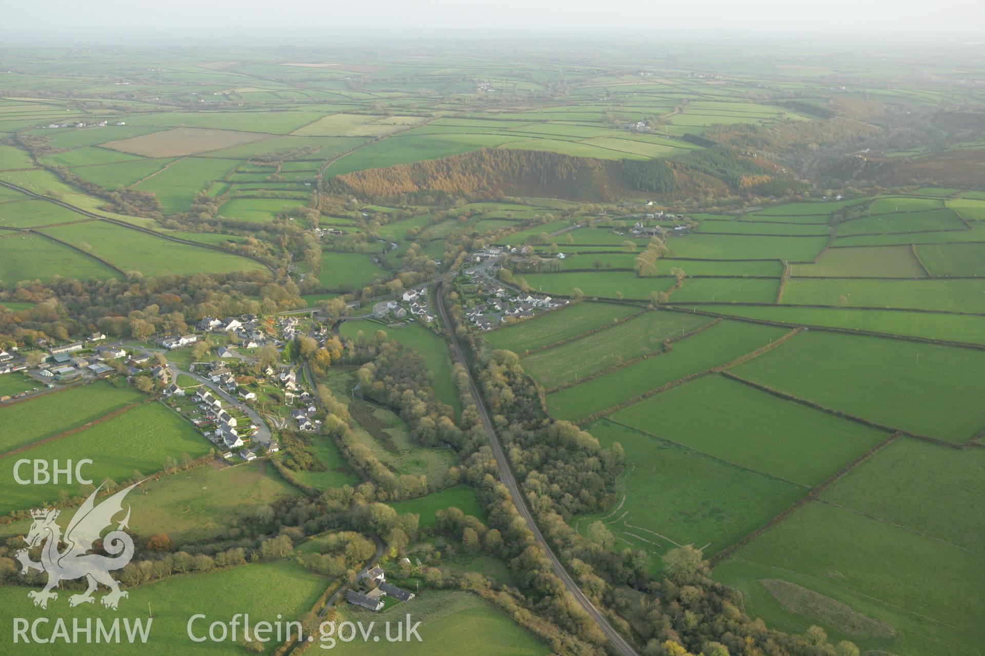 RCAHMW colour oblique photograph of Wolf's Castle;Wolf's Castle, motte, distant view. Taken by Toby Driver on 06/11/2007.