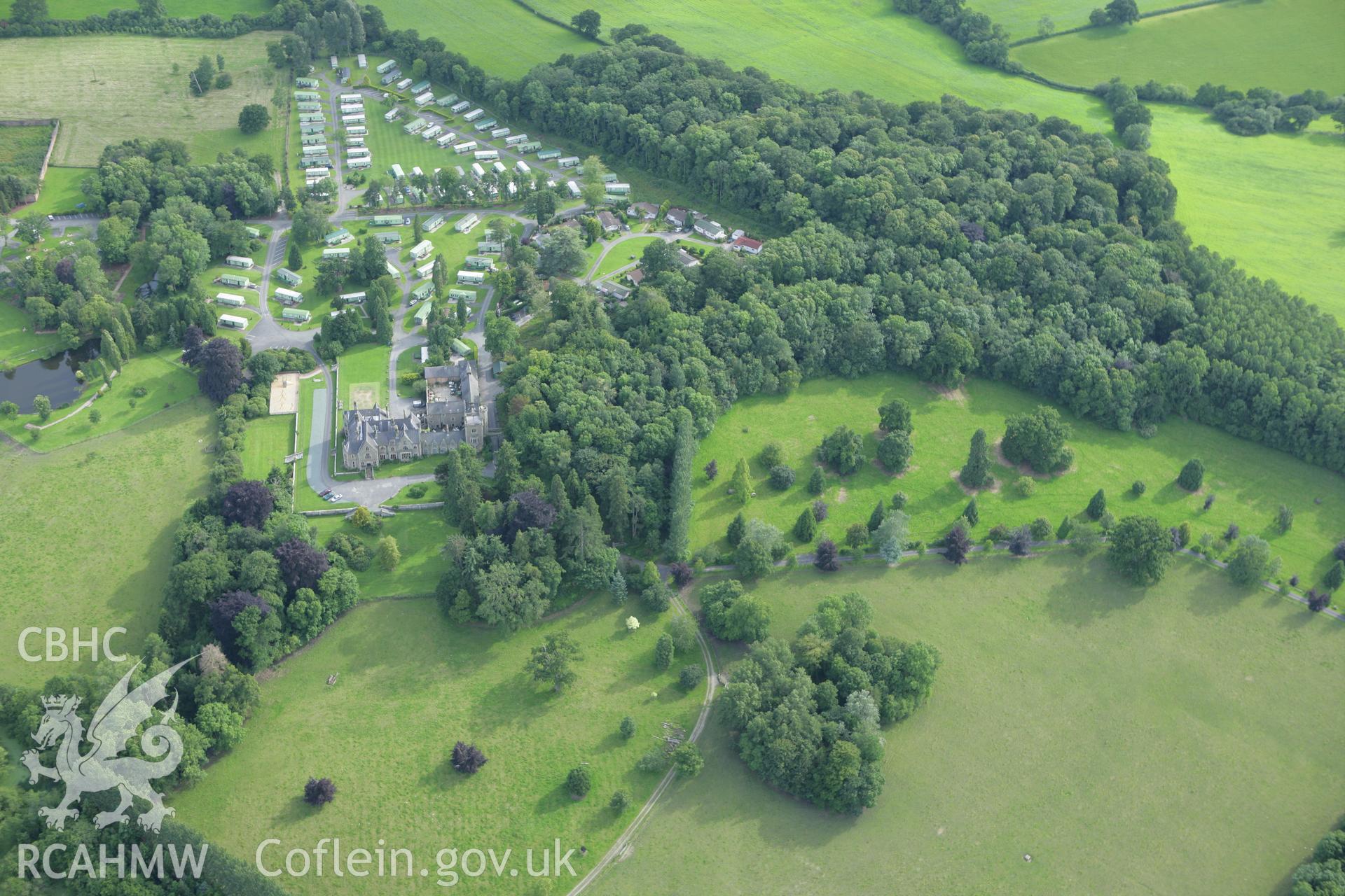 RCAHMW colour oblique aerial photograph of Mellington Hall, Church Stoke. Taken on 09 July 2007 by Toby Driver