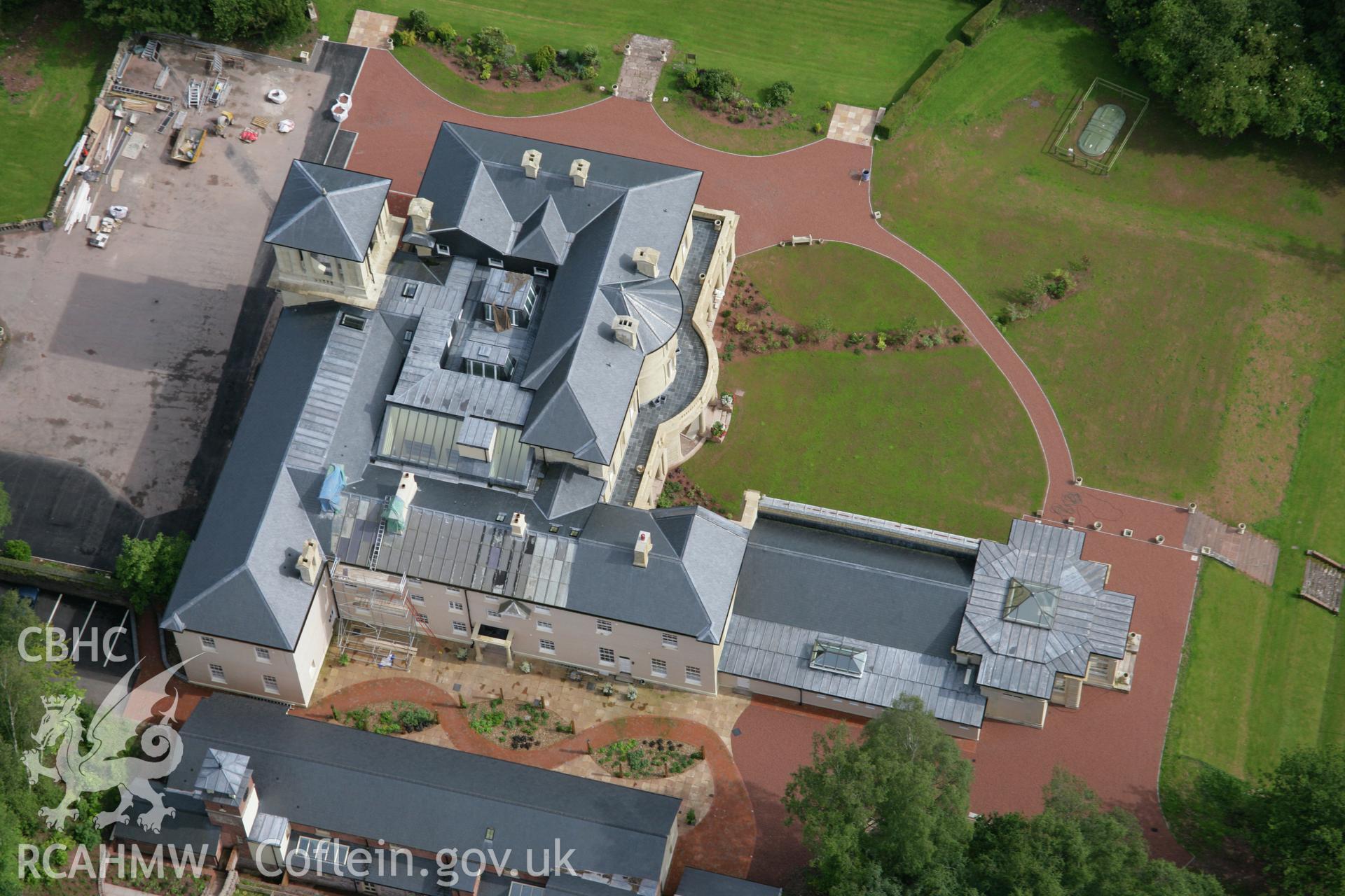 RCAHMW colour oblique aerial photograph of Penoyre Country House and Garden. Taken on 09 July 2007 by Toby Driver