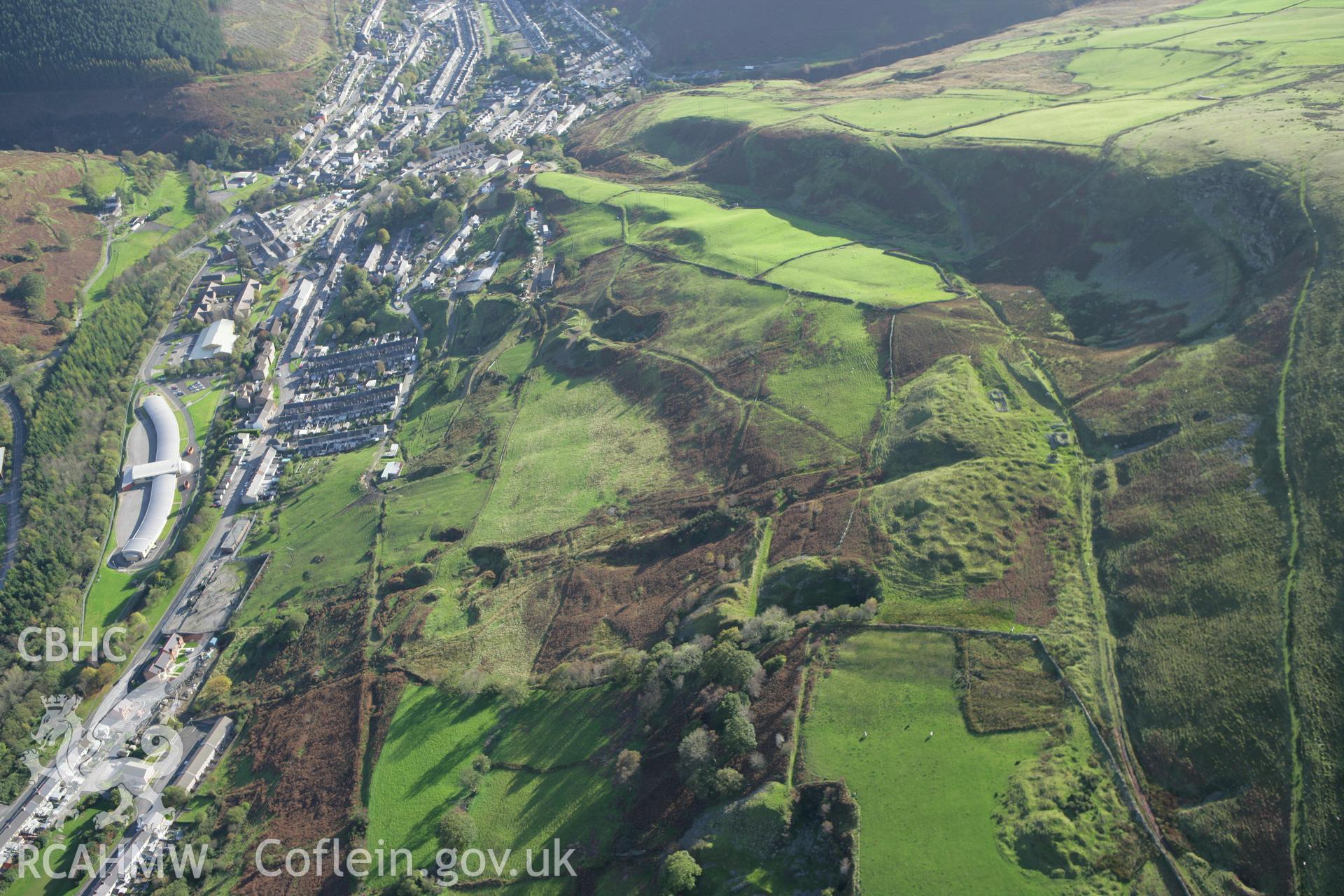 RCAHMW colour oblique photograph of Cae-du Colliery and Tynewdd Colliery, Ogmore Vale. Taken by Toby Driver on 16/10/2008.