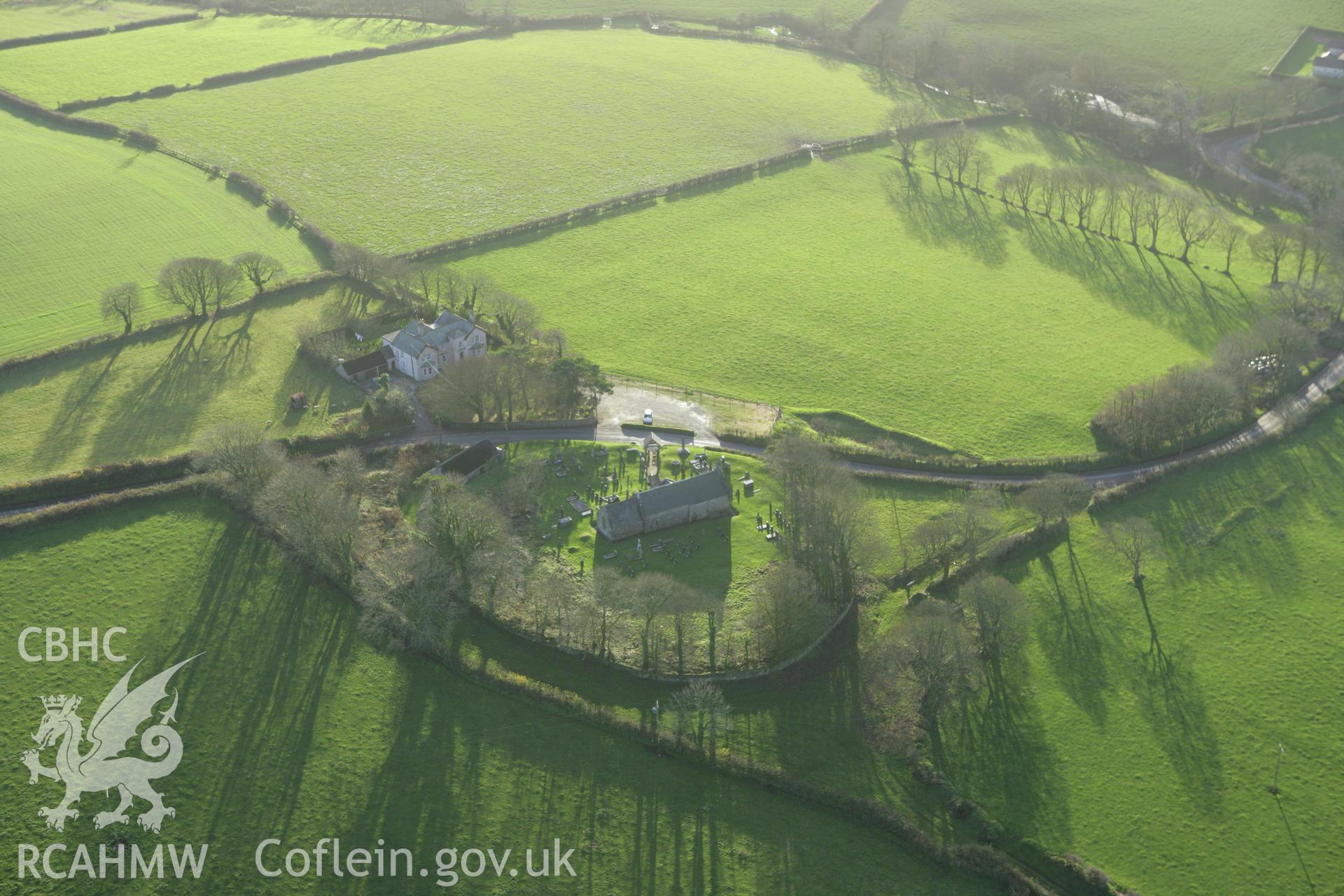 RCAHMW colour oblique photograph of Common Church Farm;St Margaret's Church;St Cyffig's Church, Eglwyscumin. Taken by Toby Driver on 29/11/2007.