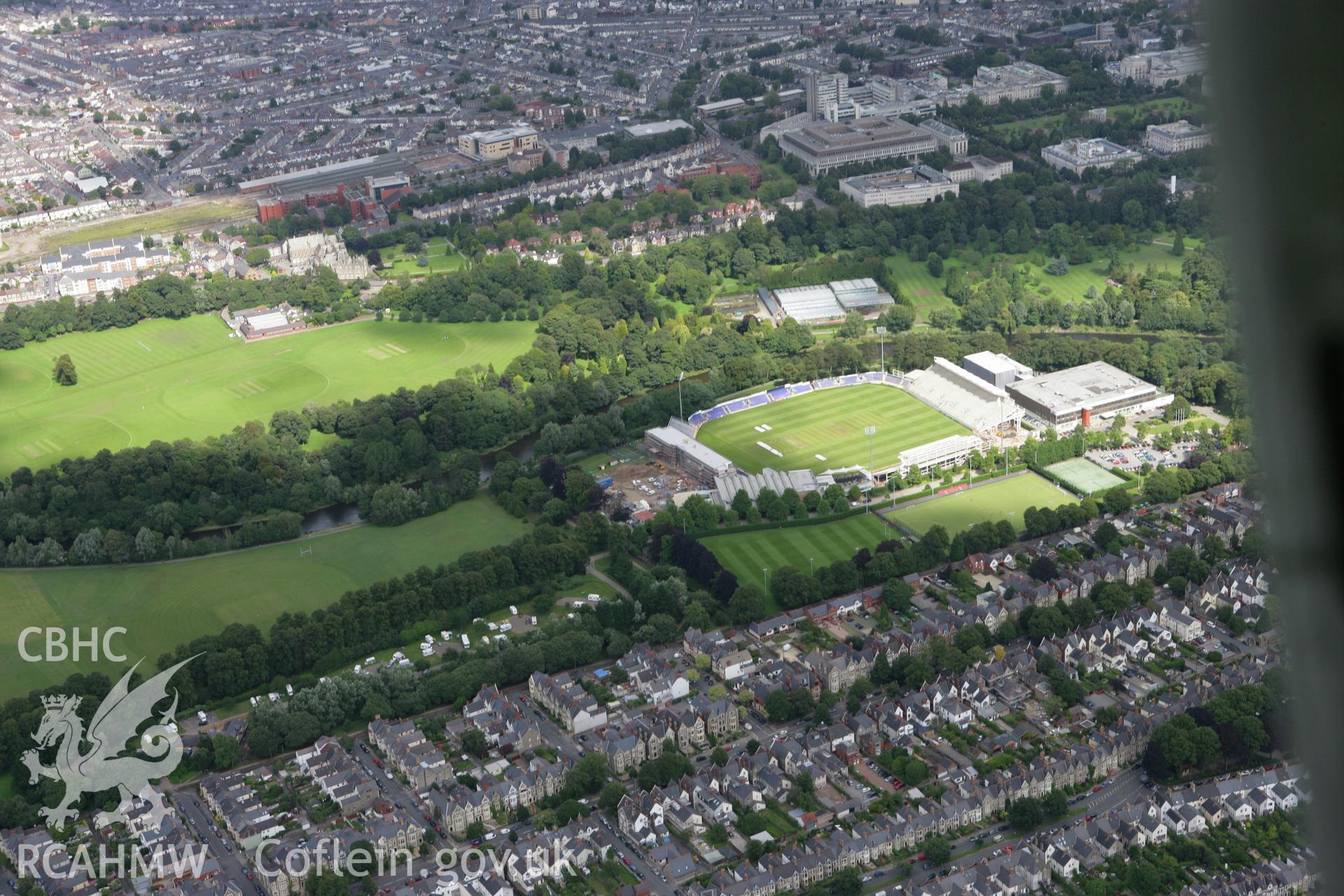 RCAHMW colour oblique aerial photograph of Sophia Gardens Cricket Ground. Taken on 30 July 2007 by Toby Driver