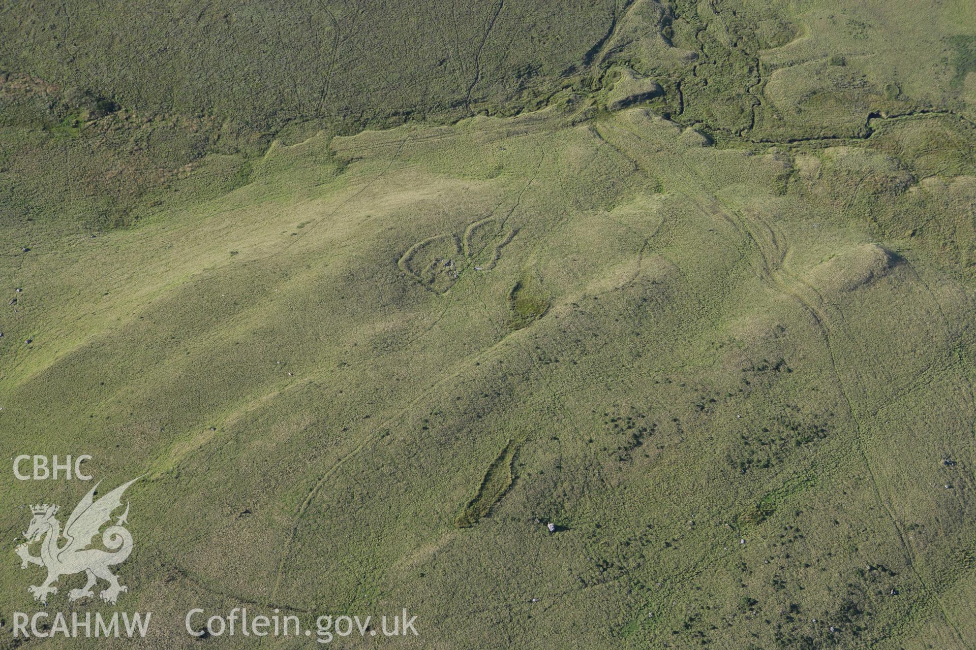 RCAHMW colour oblique aerial photograph of a deserted farmstead south of Ffynnon Yr Oerfa. Taken on 08 August 2007 by Toby Driver