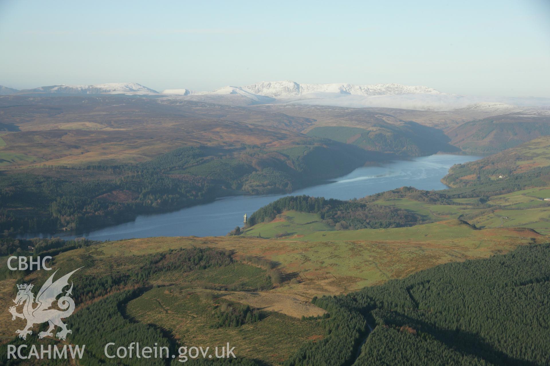 RCAHMW colour oblique photograph of Postcard view of Lake Vyrnwy. Taken by Toby Driver on 25/01/2007.