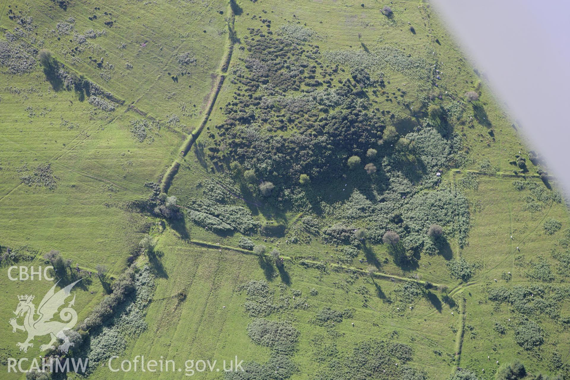 RCAHMW colour oblique aerial photograph of Ynys Hir South,Tir Cyd deserted rural settlement. Taken on 08 August 2007 by Toby Driver