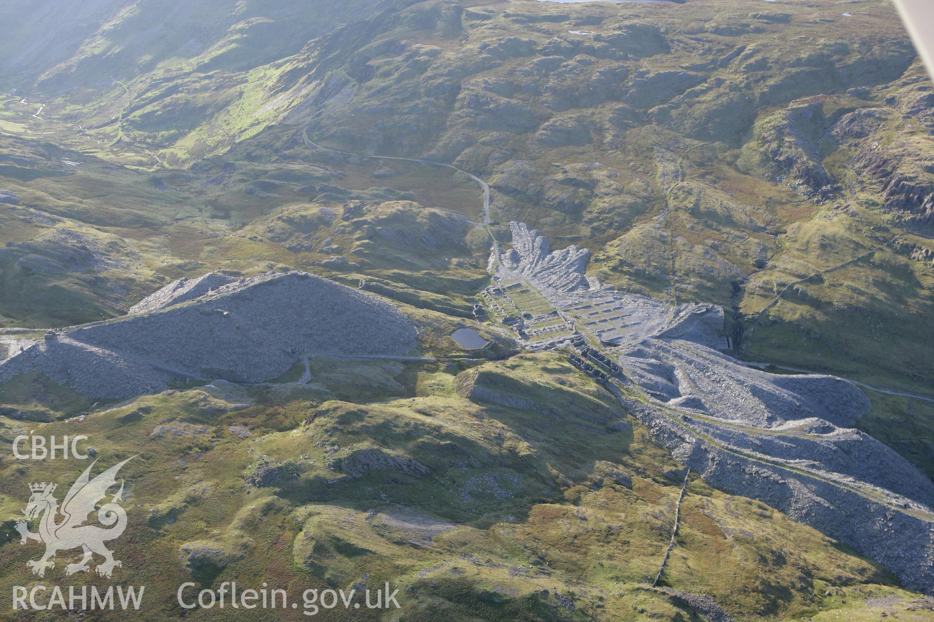 RCAHMW colour oblique aerial photograph of Rhosydd Slate Quarry Level 4 To Level 9 Lower Incline. Taken on 06 September 2007 by Toby Driver