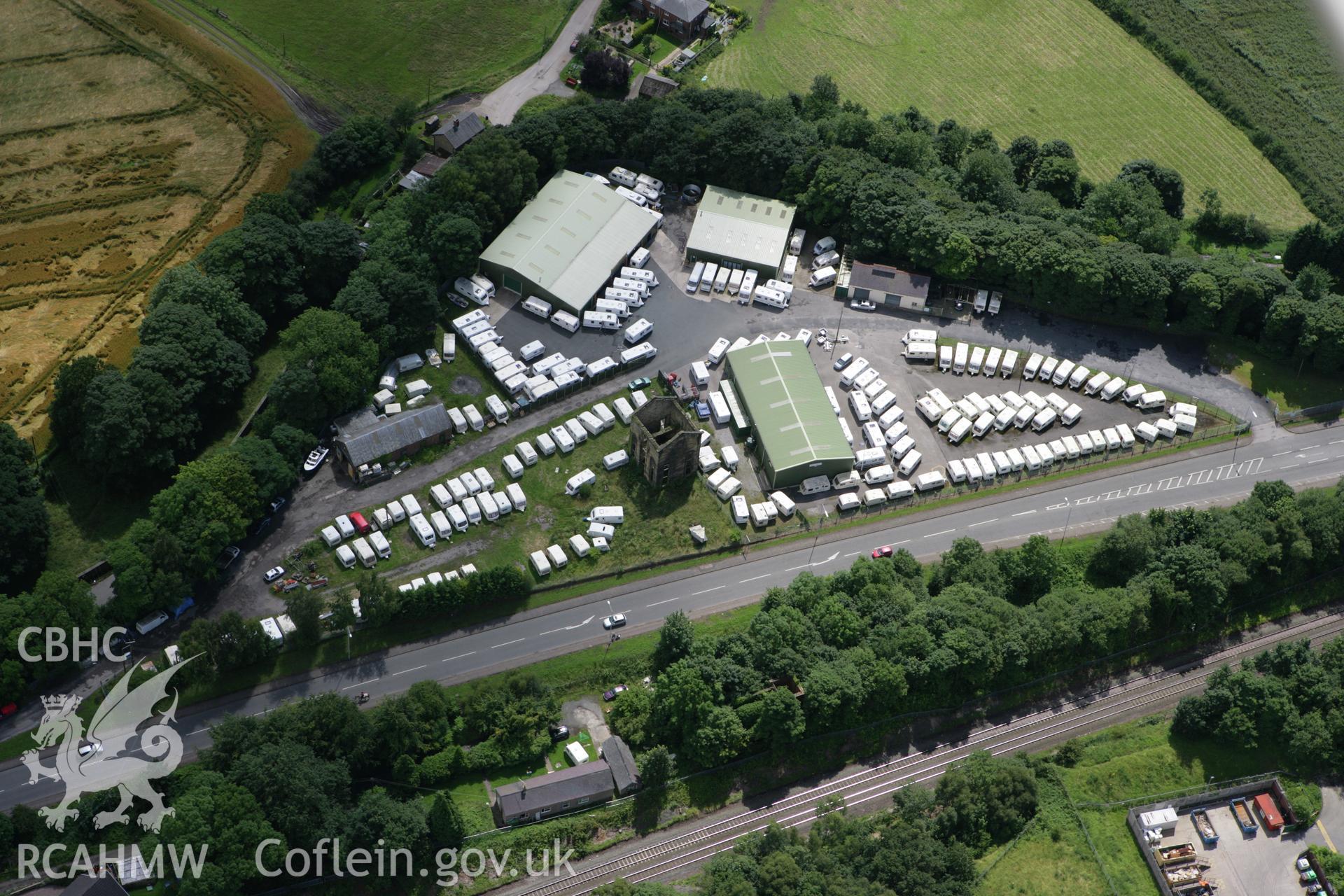 RCAHMW colour oblique aerial photograph of Wynnstay Colliery Winding Engine House. Taken on 24 July 2007 by Toby Driver