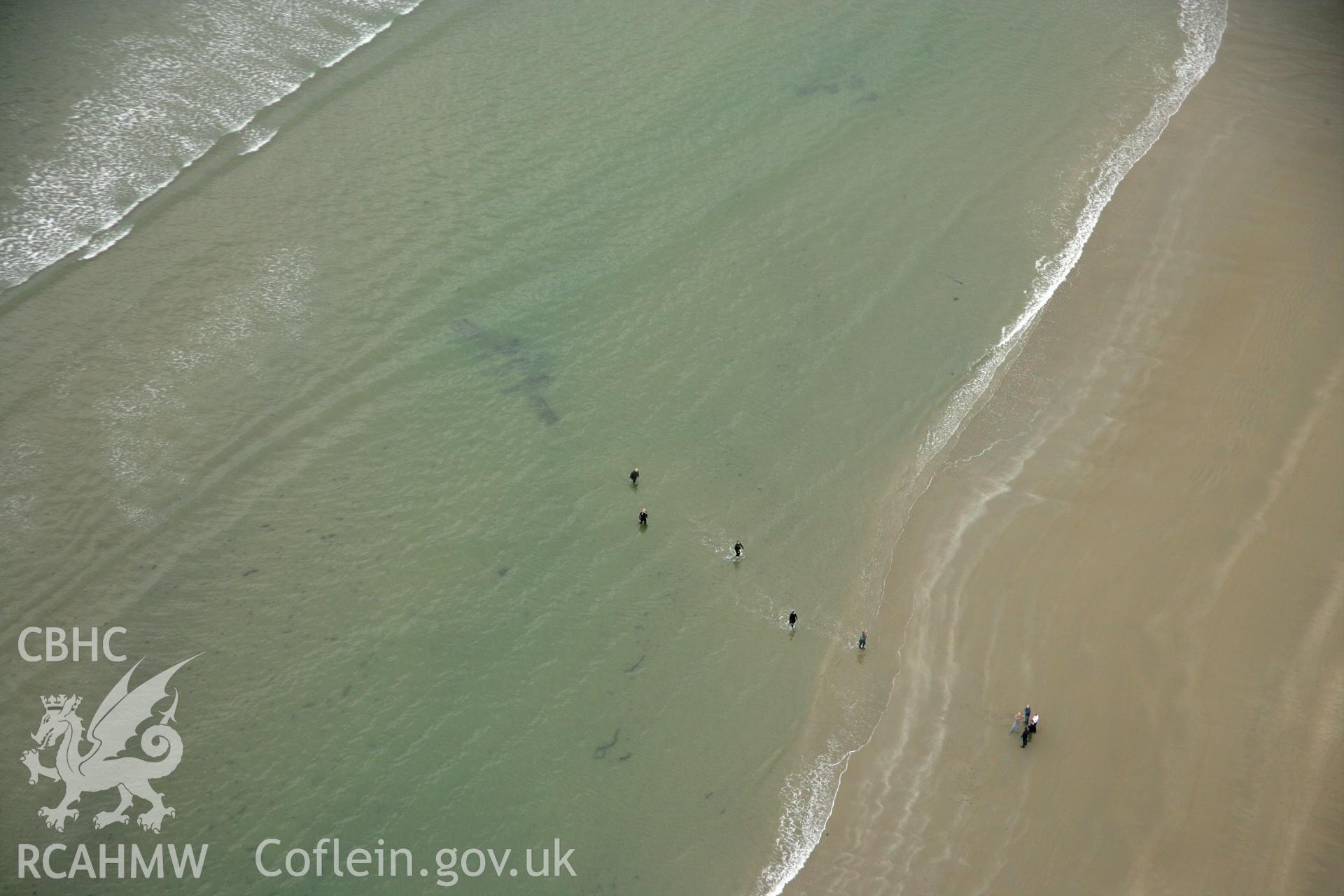 RCAHMW colour oblique photograph of P-38 Lightning, aircraft wreck at low tide. Taken by Toby Driver on 08/10/2007.