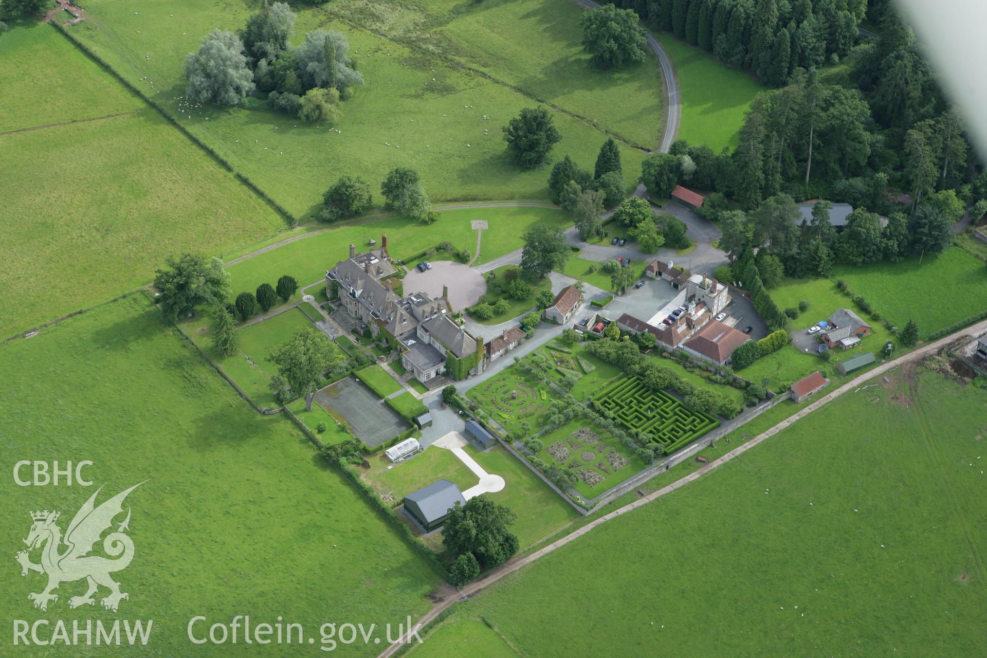 RCAHMW colour oblique aerial photograph of Llangoed Hall. Taken on 09 July 2007 by Toby Driver