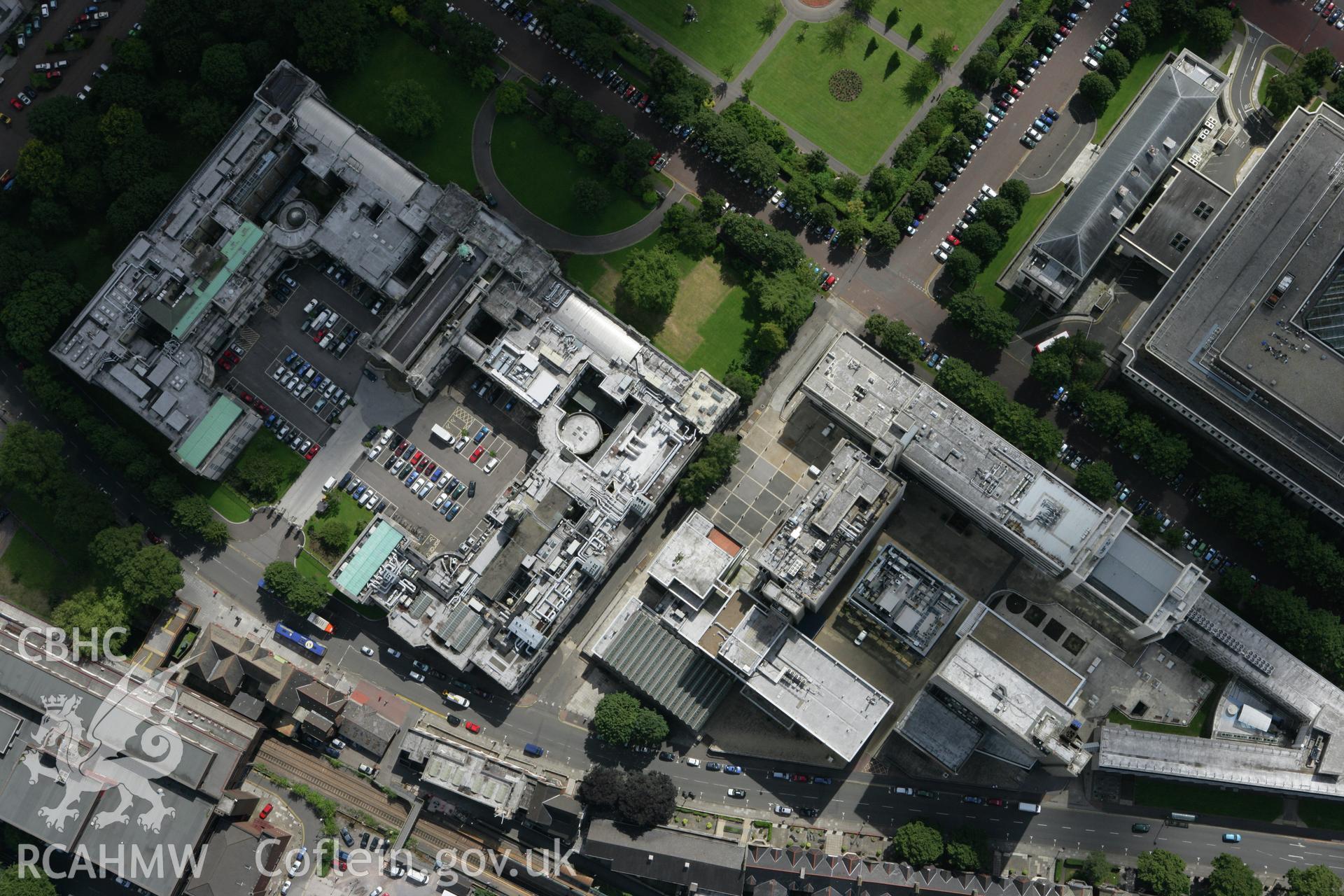 RCAHMW colour oblique aerial photograph of Cardiff Civic Centre, Cathays Park, Cardiff. Taken on 30 July 2007 by Toby Driver