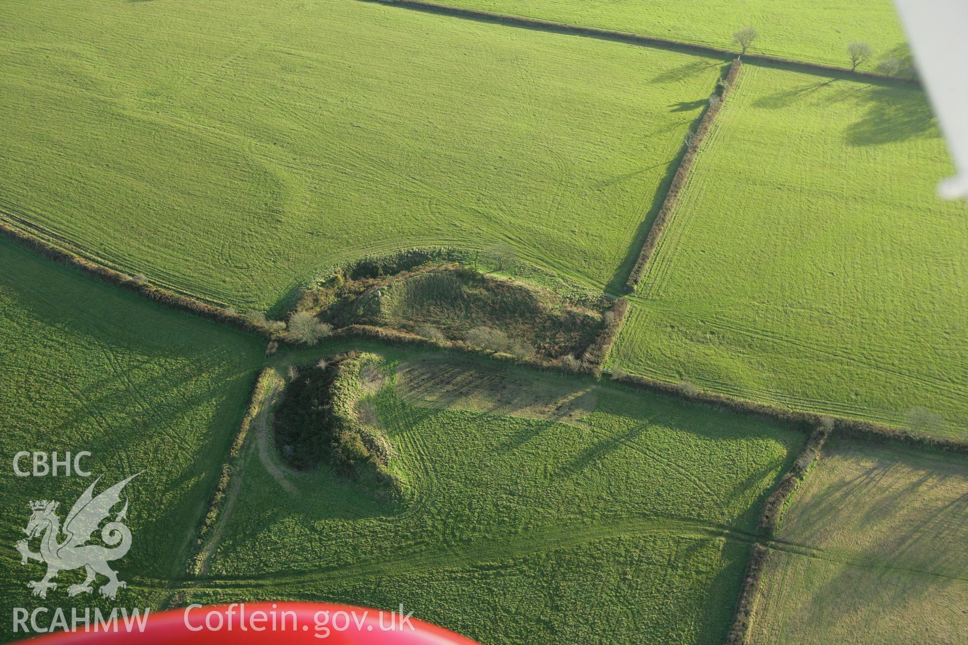 RCAHMW colour oblique photograph of Castell Meherin camps, west. Taken by Toby Driver on 29/11/2007.