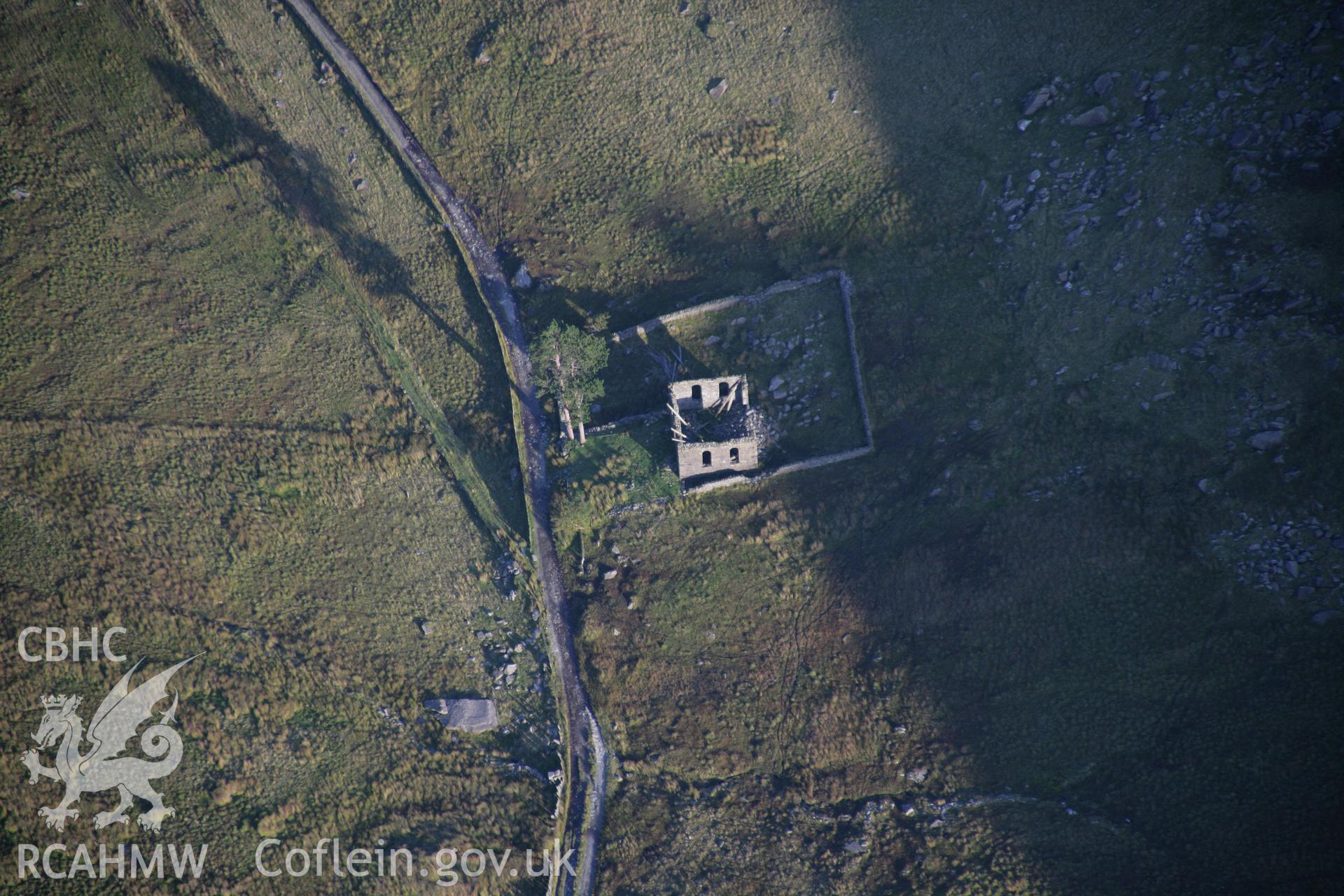 RCAHMW colour oblique aerial photograph of Cwmorthin Calvinistic Methodist Sunday School (Rhosydd), Cwmorthin, Ffestiniog. Taken on 06 September 2007 by Toby Driver