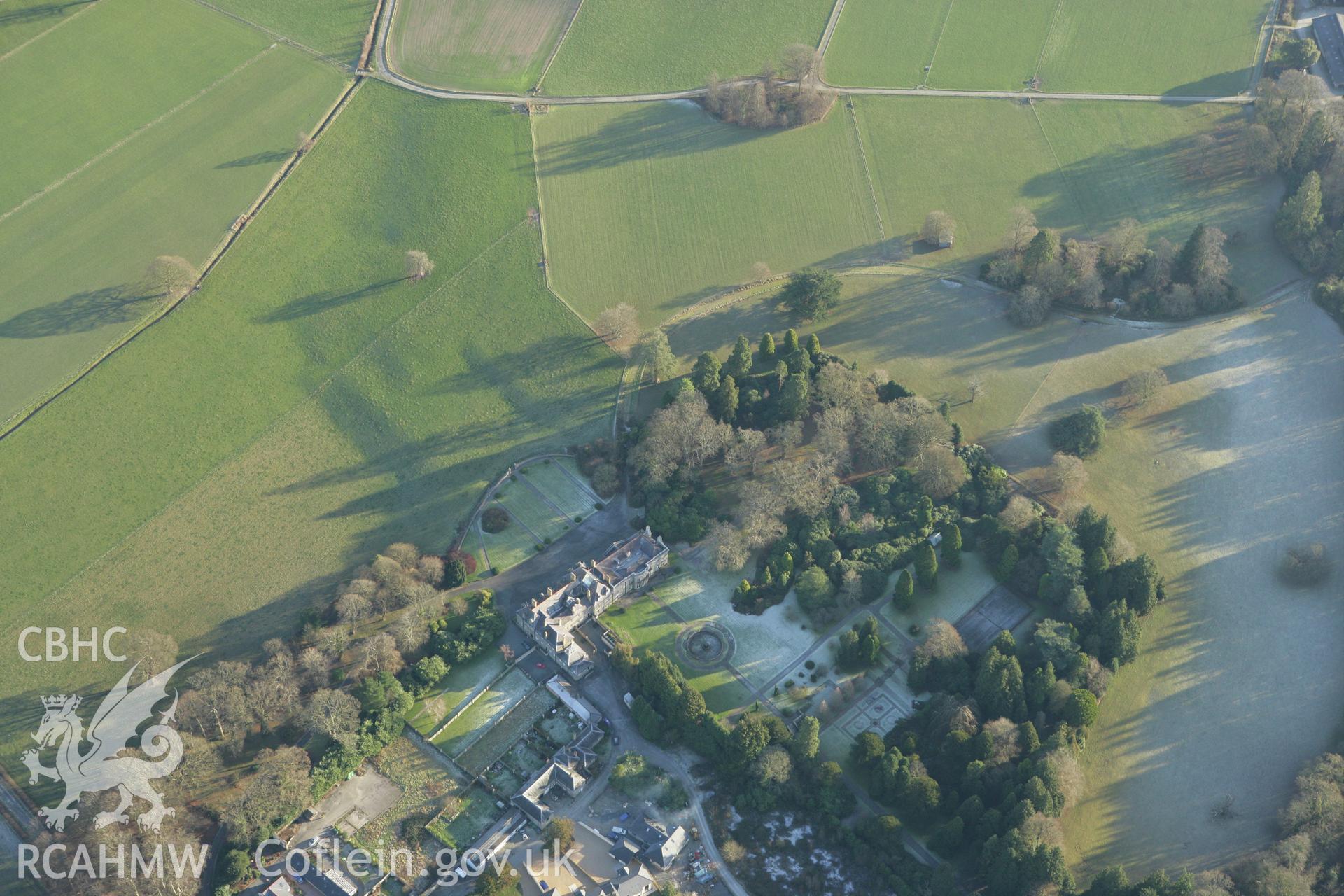 RCAHMW colour oblique photograph of Trawsgoed, showing earthworks of former garden terraces to the east of Trawsgoed Mansion. Taken by Toby Driver on 20/12/2007.