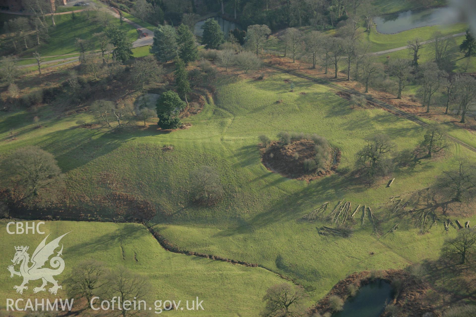 RCAHMW colour oblique aerial photograph of Lady's Mount in Powis Castle Park. Taken on 25 January 2007 by Toby Driver