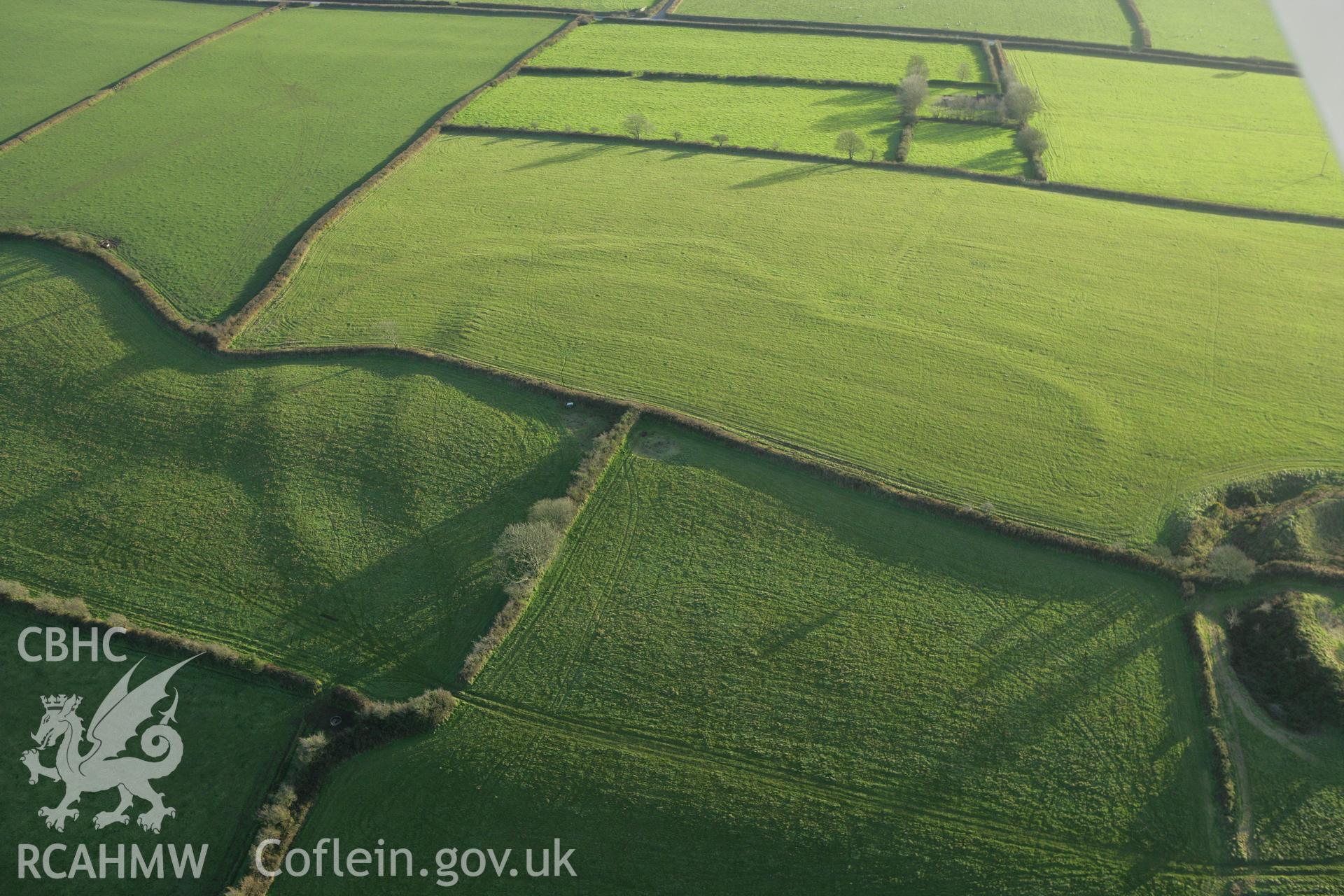 RCAHMW colour oblique photograph of Castell Meherin camps, east. Taken by Toby Driver on 29/11/2007.