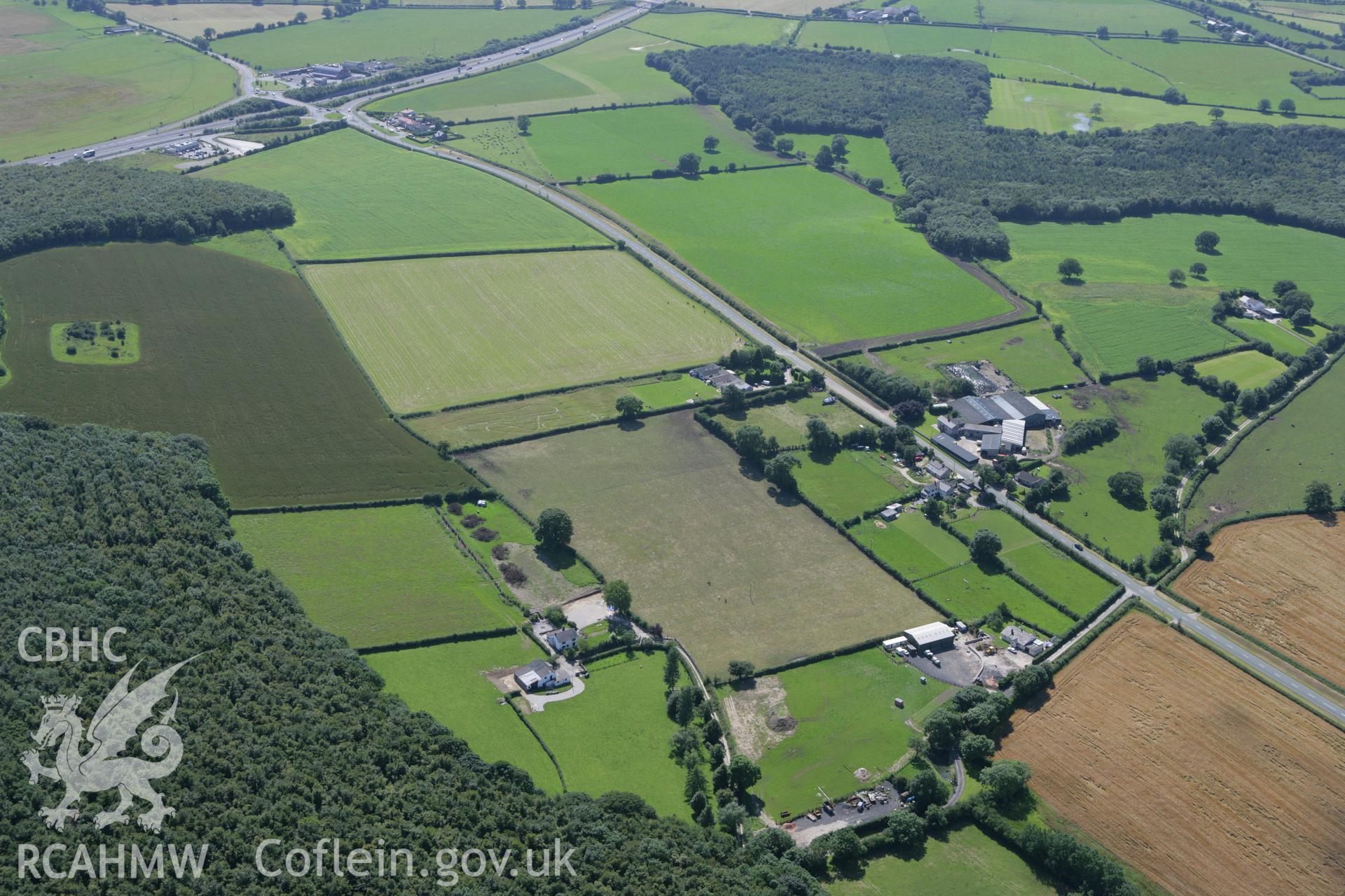 RCAHMW colour oblique aerial photograph of a section of Offa's Dyke or Whitford Dyke, from Rhydwen-Fach to Coed Pen-y-Gelli. Taken on 31 July 2007 by Toby Driver