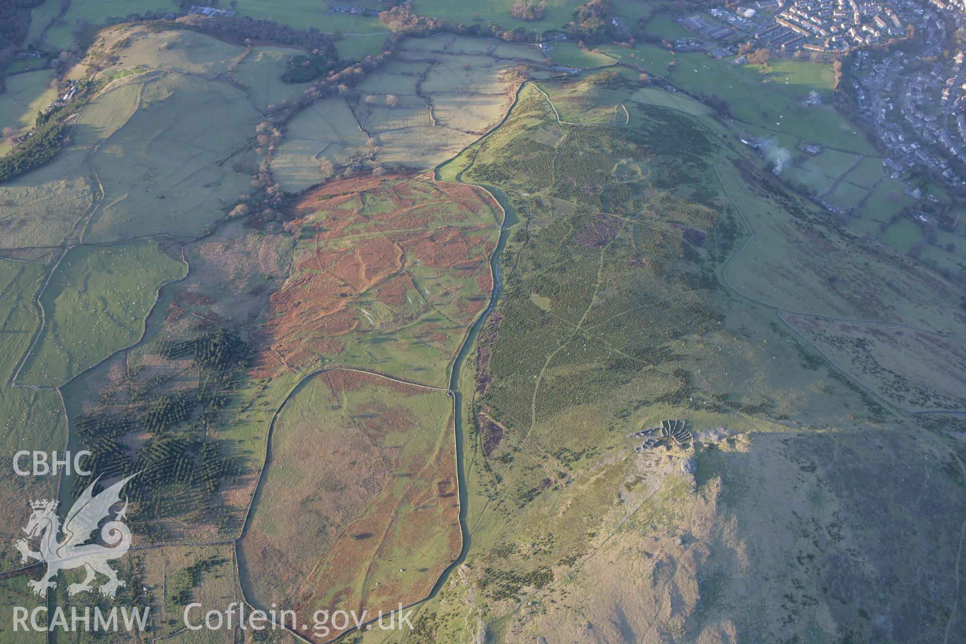 RCAHMW colour oblique photograph of Garreg fawr hut groups. Taken by Toby Driver on 20/12/2007.