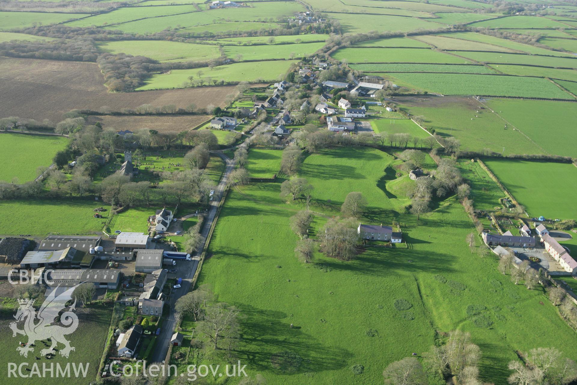 RCAHMW colour oblique photograph of Wiston Castle, and village. Taken by Toby Driver on 29/11/2007.