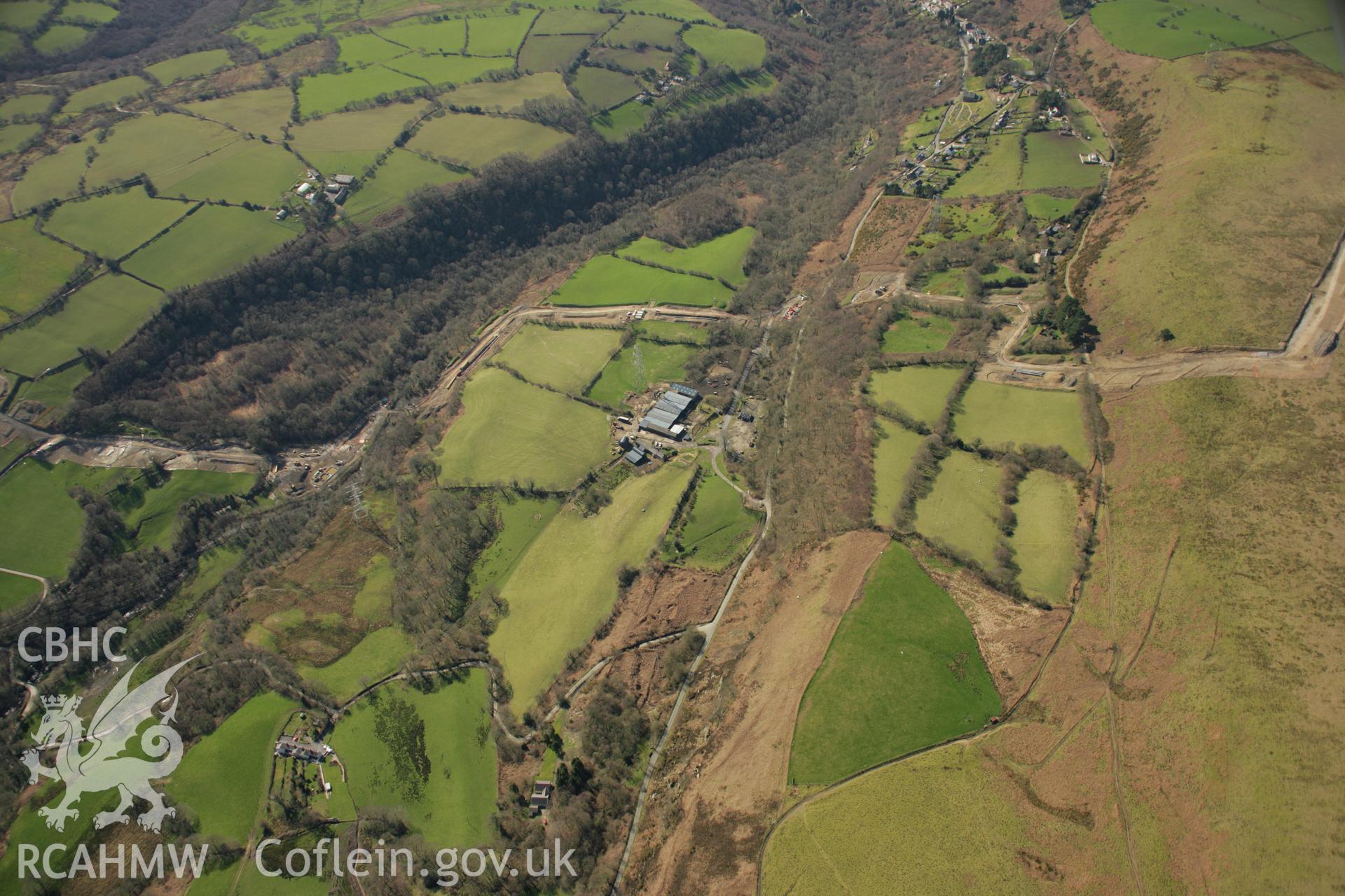 RCAHMW colour oblique aerial photograph of Graig Merthyr Railway Incline Summit, Cwm Clydach Railway, with LNG pipeline at Glyn Coch. Taken on 21 March 2007 by Toby Driver