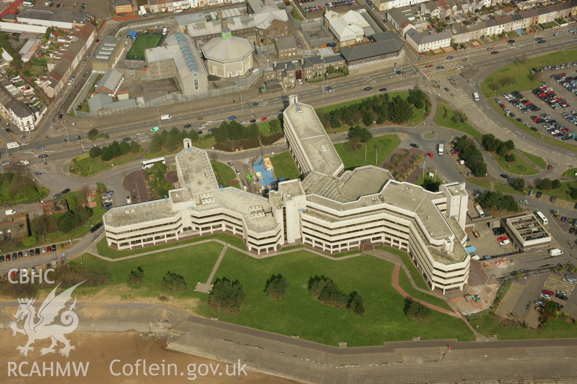 RCAHMW colour oblique aerial photograph of County Hall, Swansea. Taken on 16 March 2007 by Toby Driver