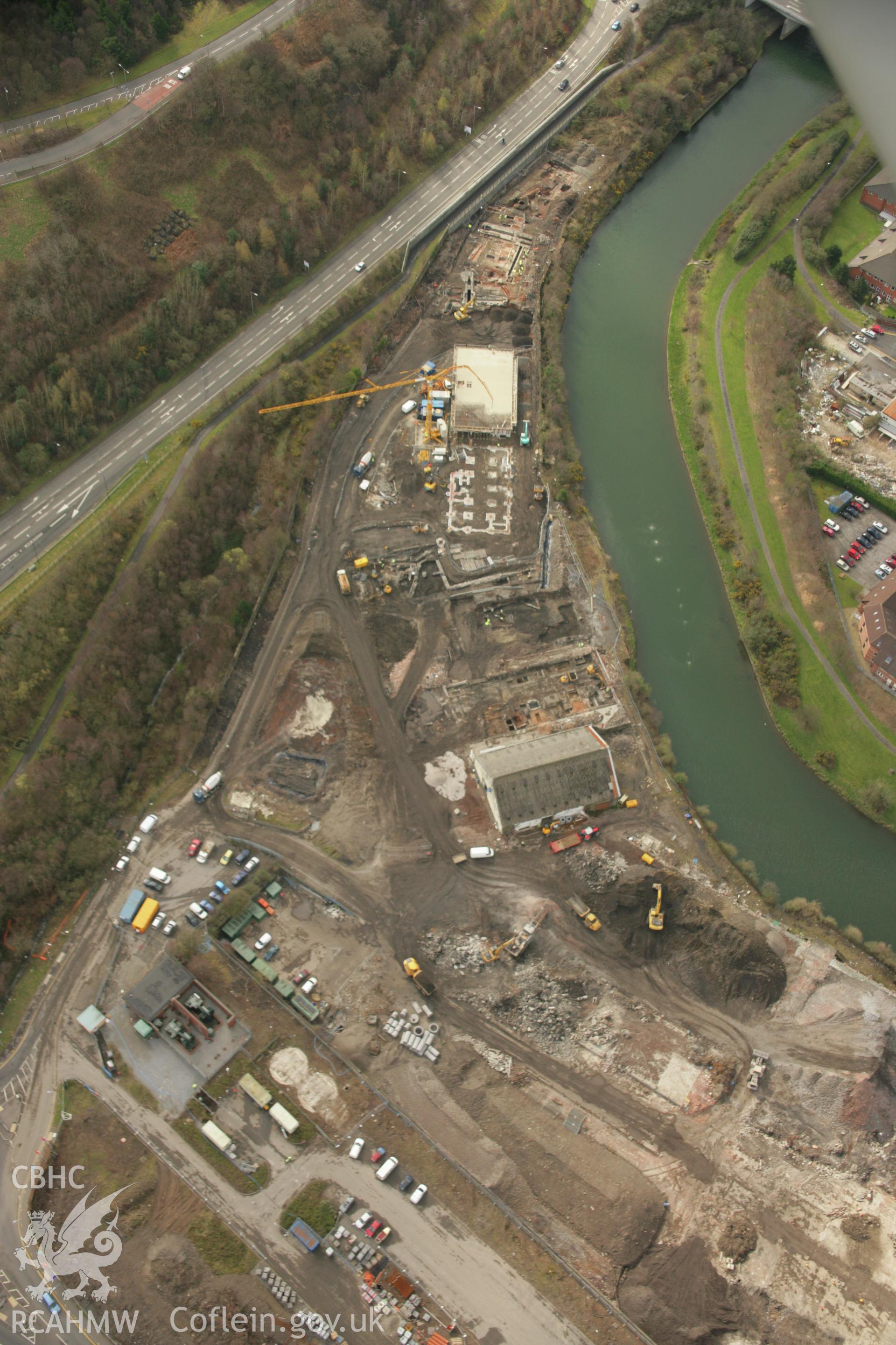 RCAHMW colour oblique aerial photograph of Upper Bank Copperworks, Swansea, showing excavations. Taken on 16 March 2007 by Toby Driver