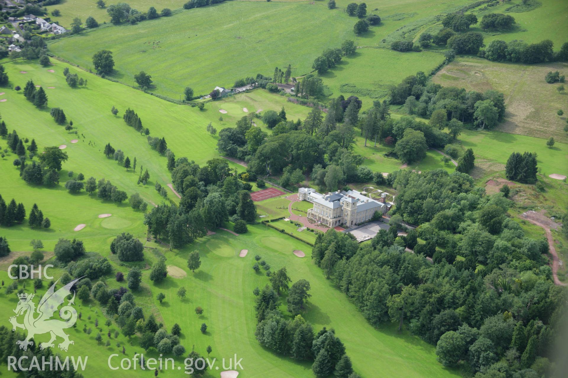 RCAHMW colour oblique aerial photograph of Penoyre Country House and Garden. Taken on 09 July 2007 by Toby Driver