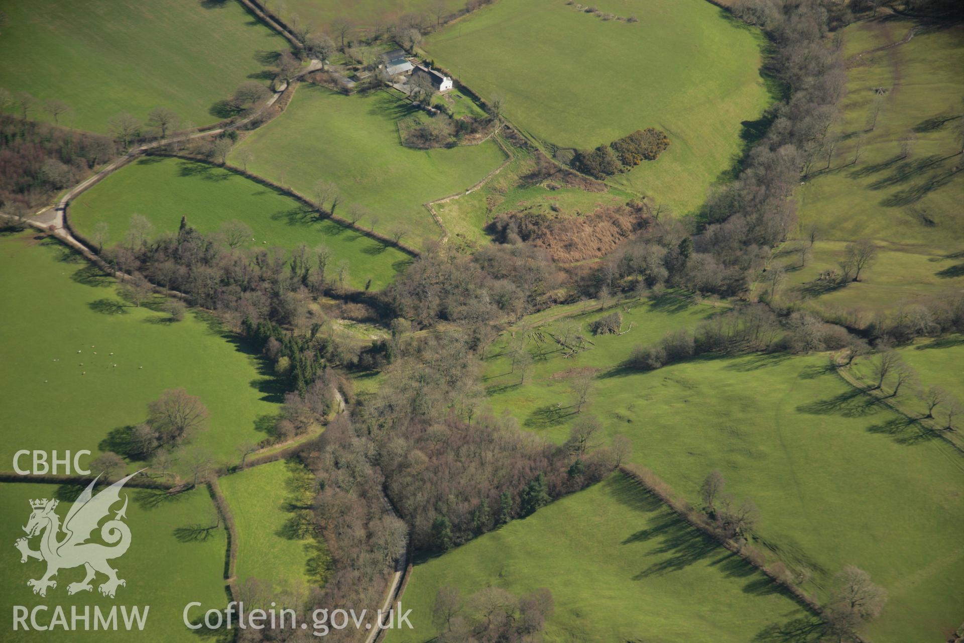 RCAHMW colour oblique aerial photograph of Cae-Sara Lead Mine, near Llangadog. Taken on 21 March 2007 by Toby Driver