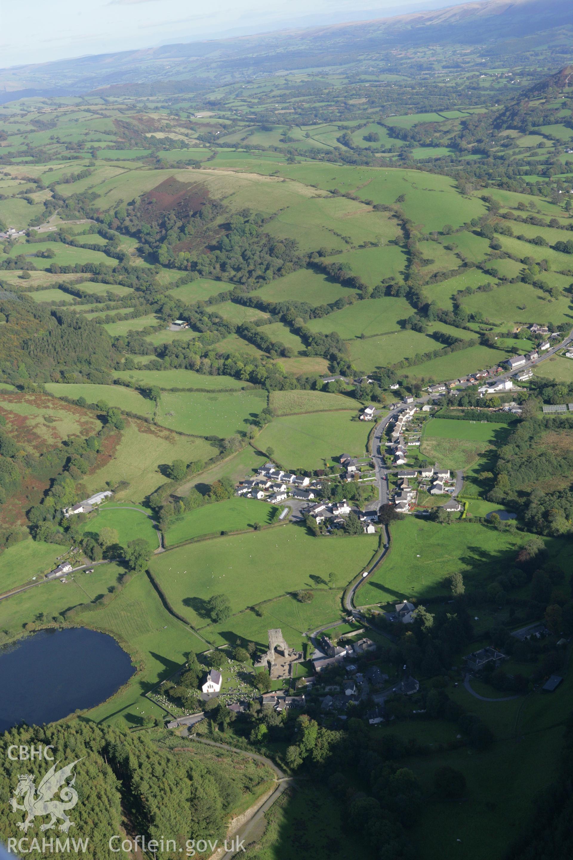 RCAHMW colour oblique photograph of Talley, Abbey and village. Taken by Toby Driver on 04/10/2007.