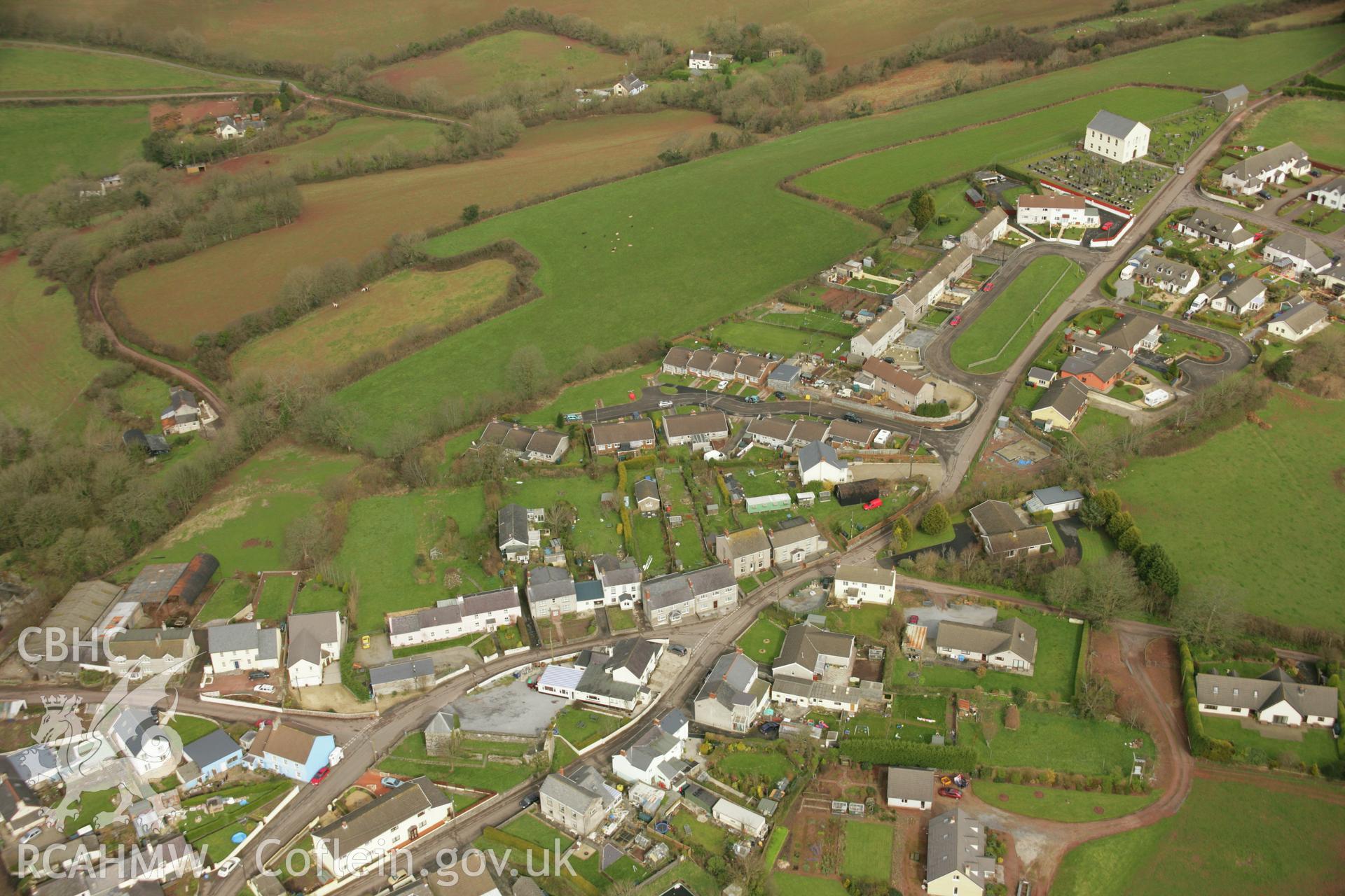 RCAHMW colour oblique aerial photograph of Hen Gapel Welsh Independent Chapel, Llanybri. Taken on 16 March 2007 by Toby Driver